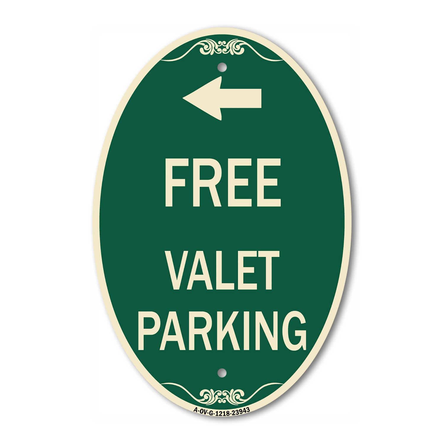 Free Valet Parking with Left Arrow 12&Prime; x 18&Prime; Green & Tan Aluminum Oval Sign