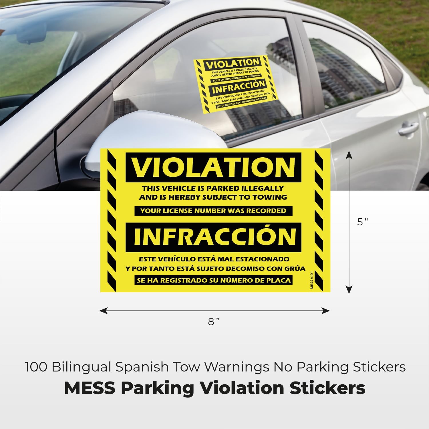 MESS Parking Violation Stickers 100 Pack Yellow 8x5in Bilingual Spanish Tow Warn
