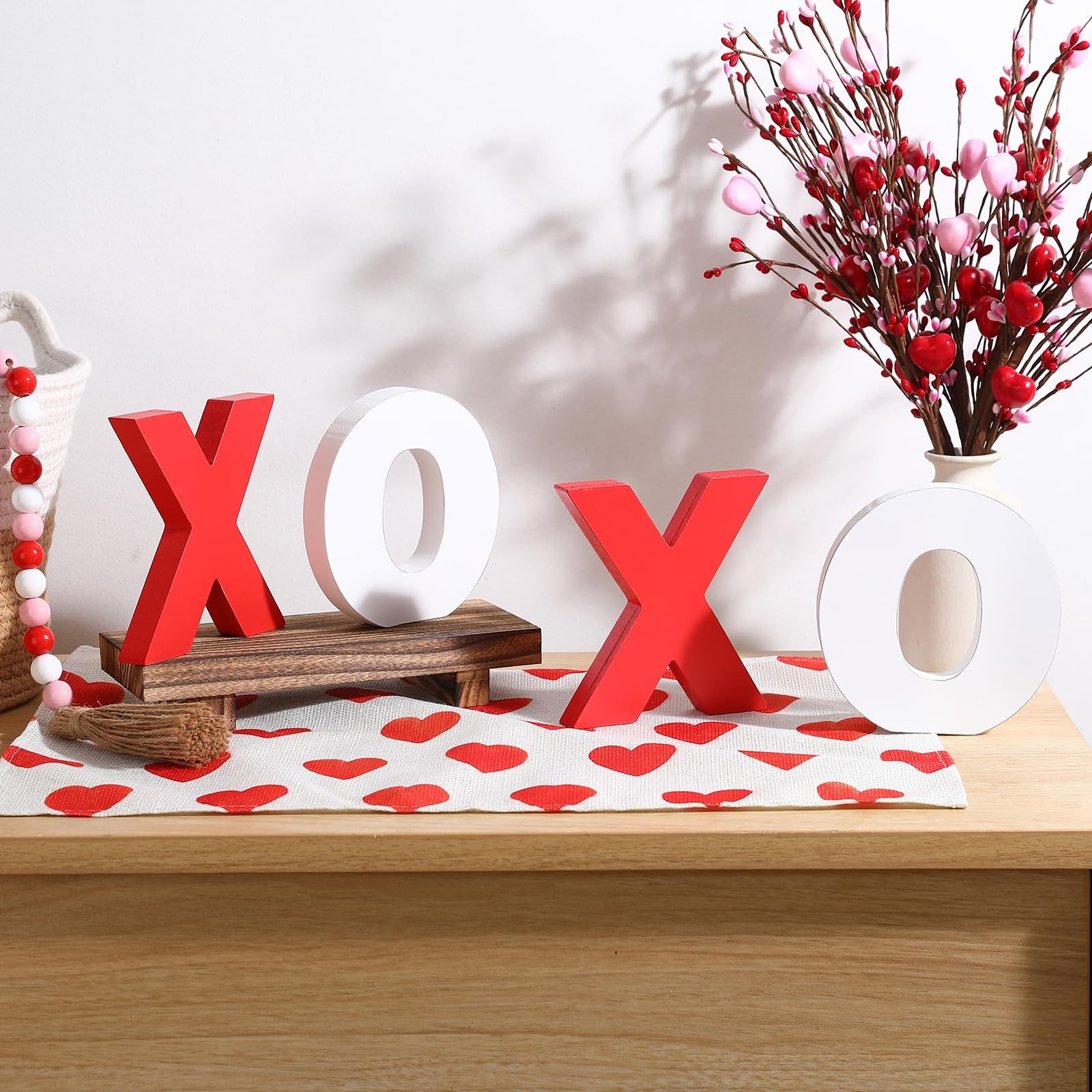 Wooden XOXO Tabletop Sign Classic White Red Valentines Day Decor Home Shelf