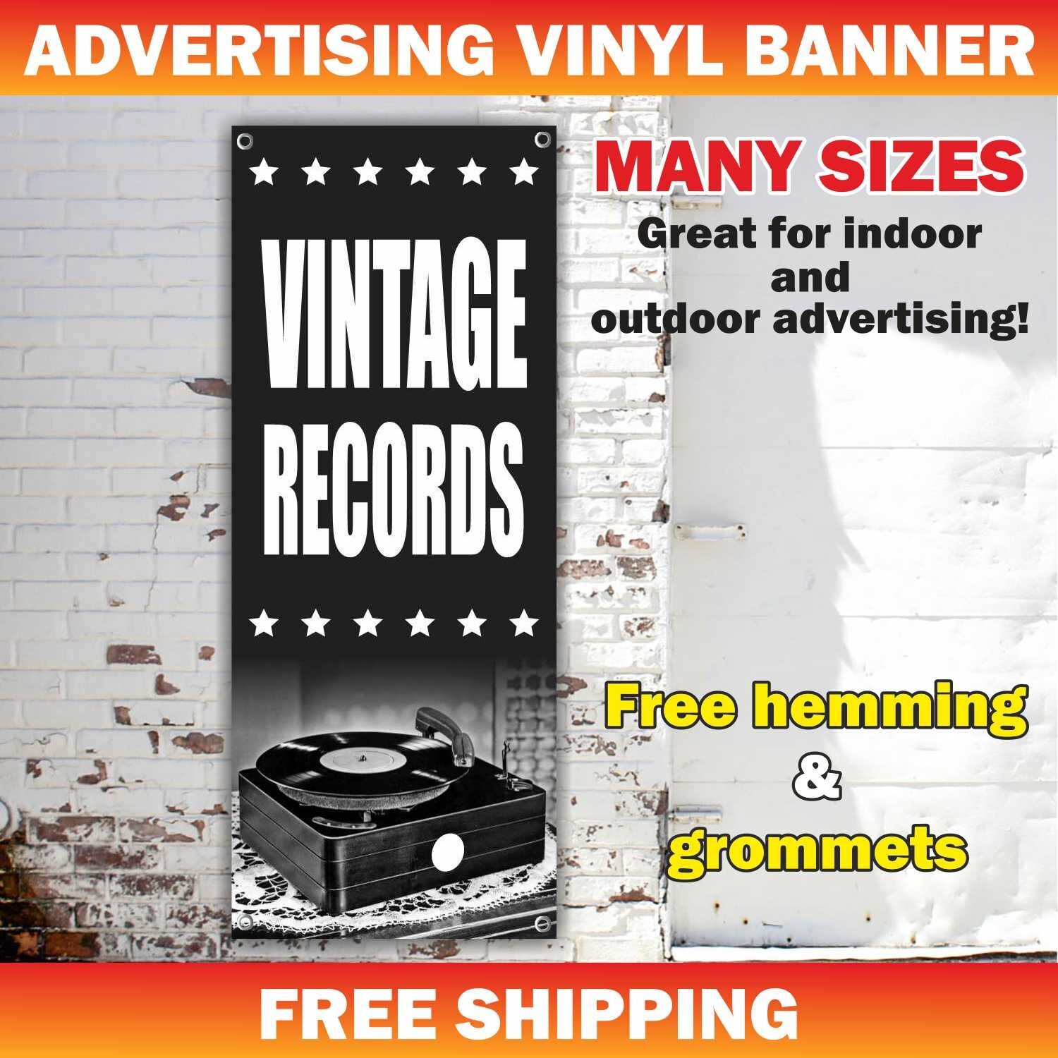 VINTAGE RECORDS Advertising Banner Vinyl Sign Music Antique Rare Albums Shop