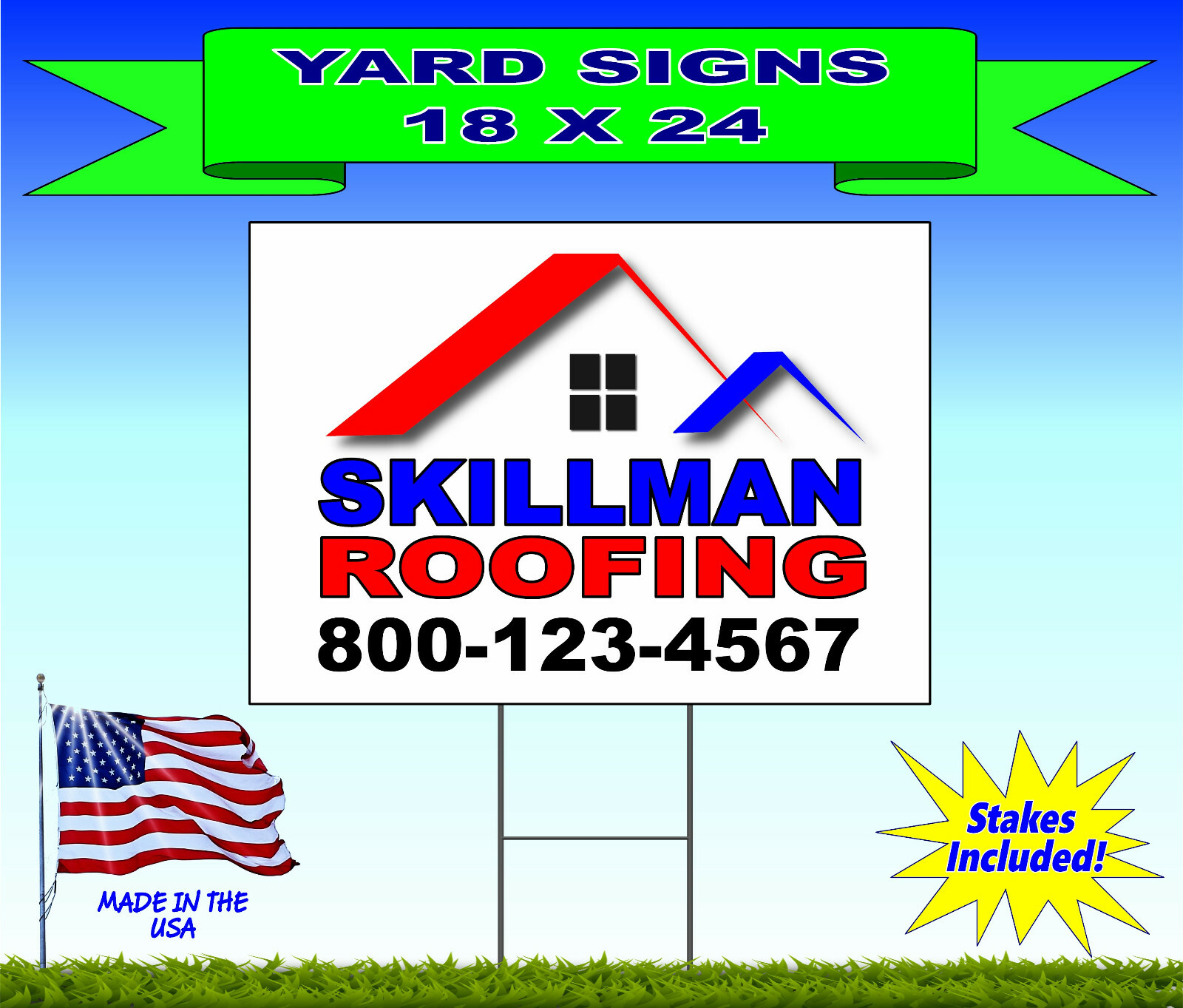12 – 18×24 Yard Signs – Custom Design – Full Color – 2 Sided – Stakes Included!