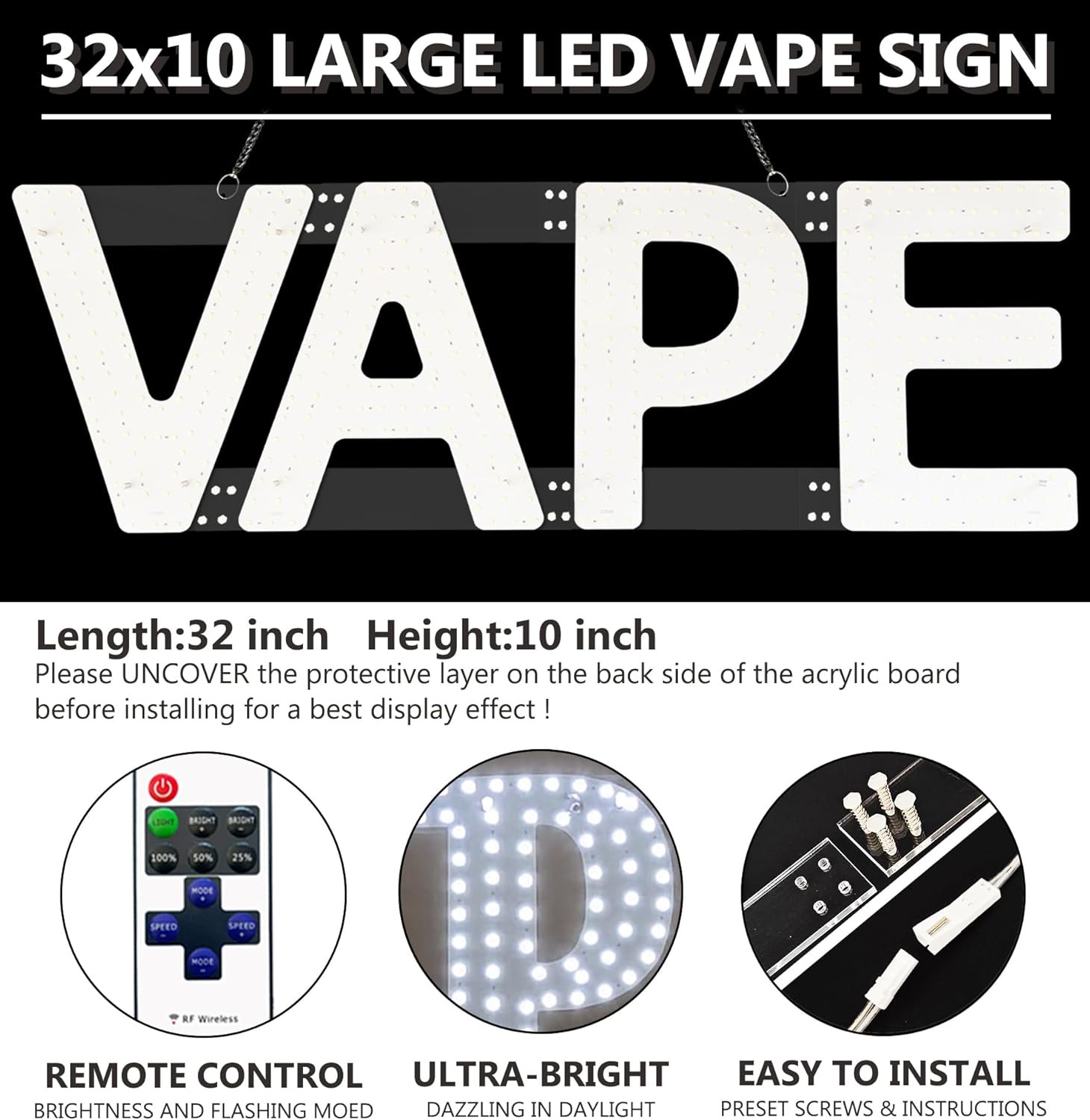 LED VAPE Sign for Business,32X10 Inch Vape Smoke Sign Led for Window Wall Door W