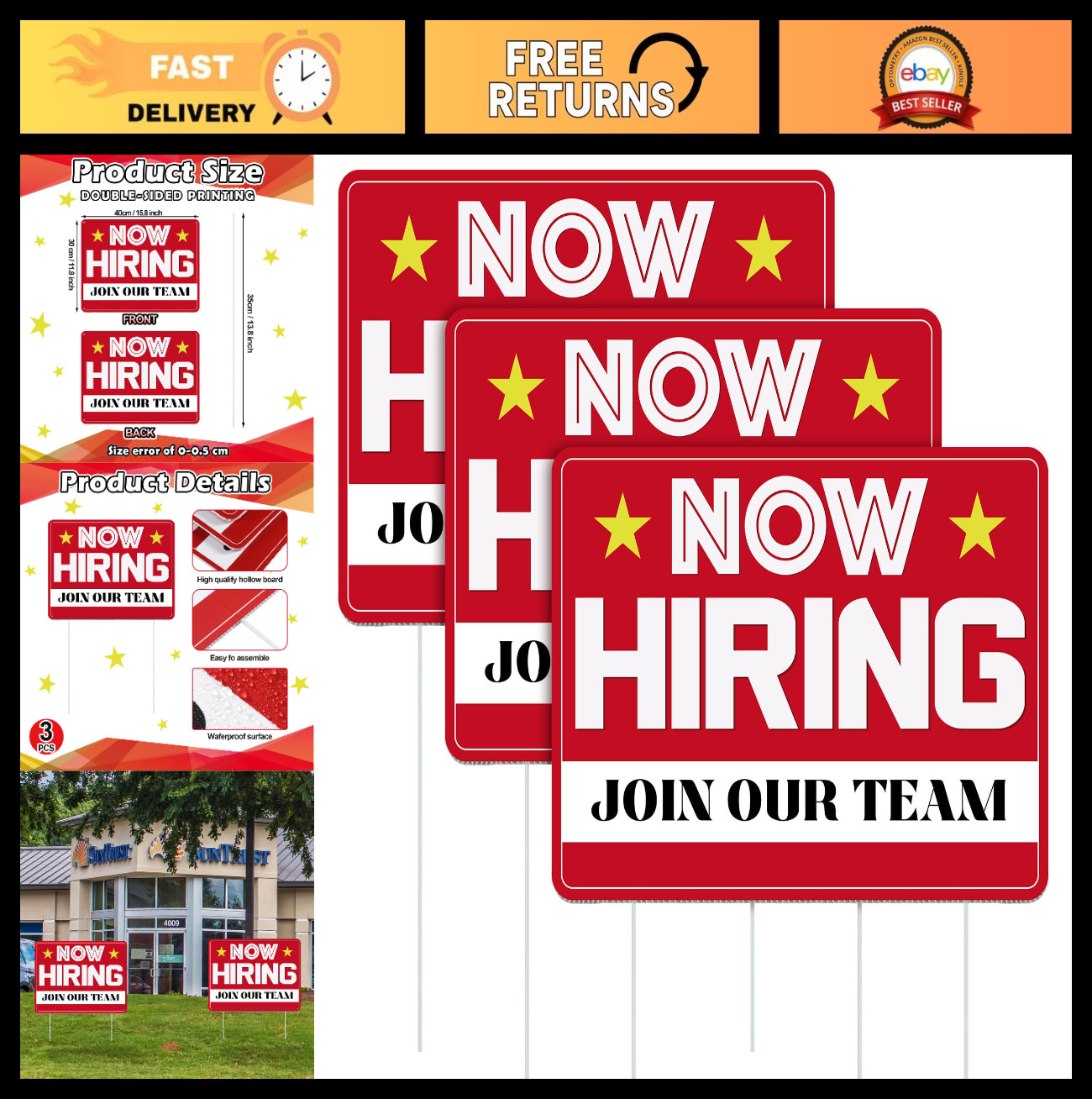 3 Pcs Now Hiring Sign with Stake – 12×16&Prime; Double-Sided Help Wanted Signs for Bus