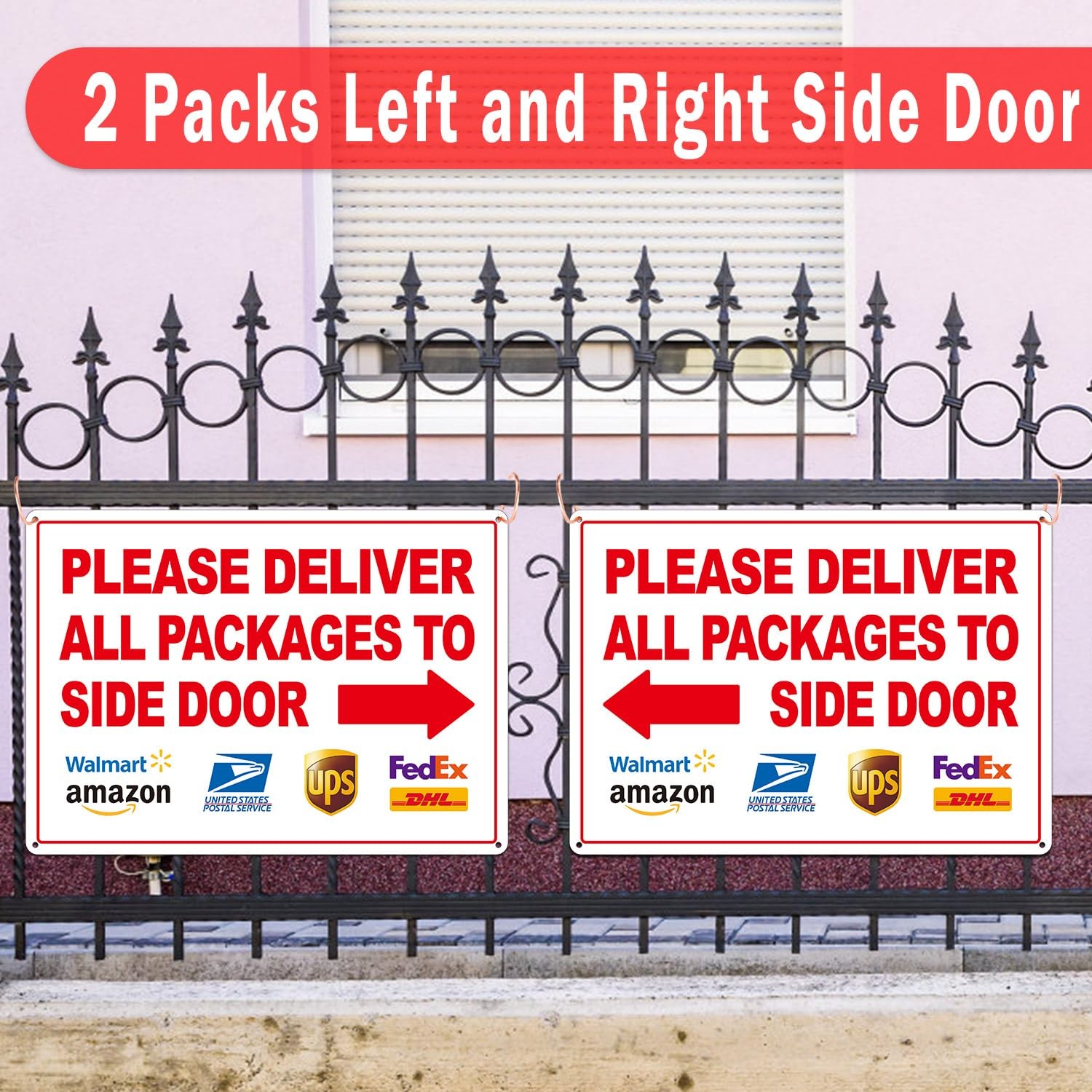 2 Pack 14×10 inch Deliver All Packages to Side Door Sign with Arrows Plastic