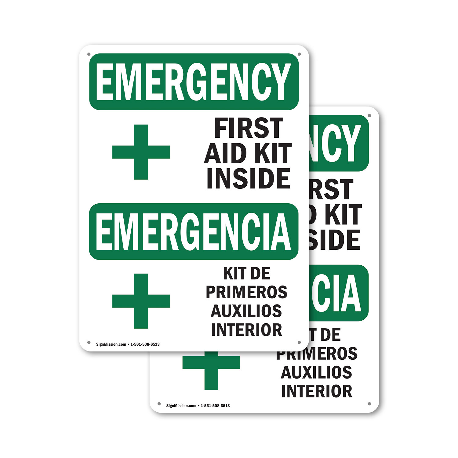 (2 Pack) First Aid Kit Inside Bilingual OSHA Emergency Sign Decal Metal Plastic