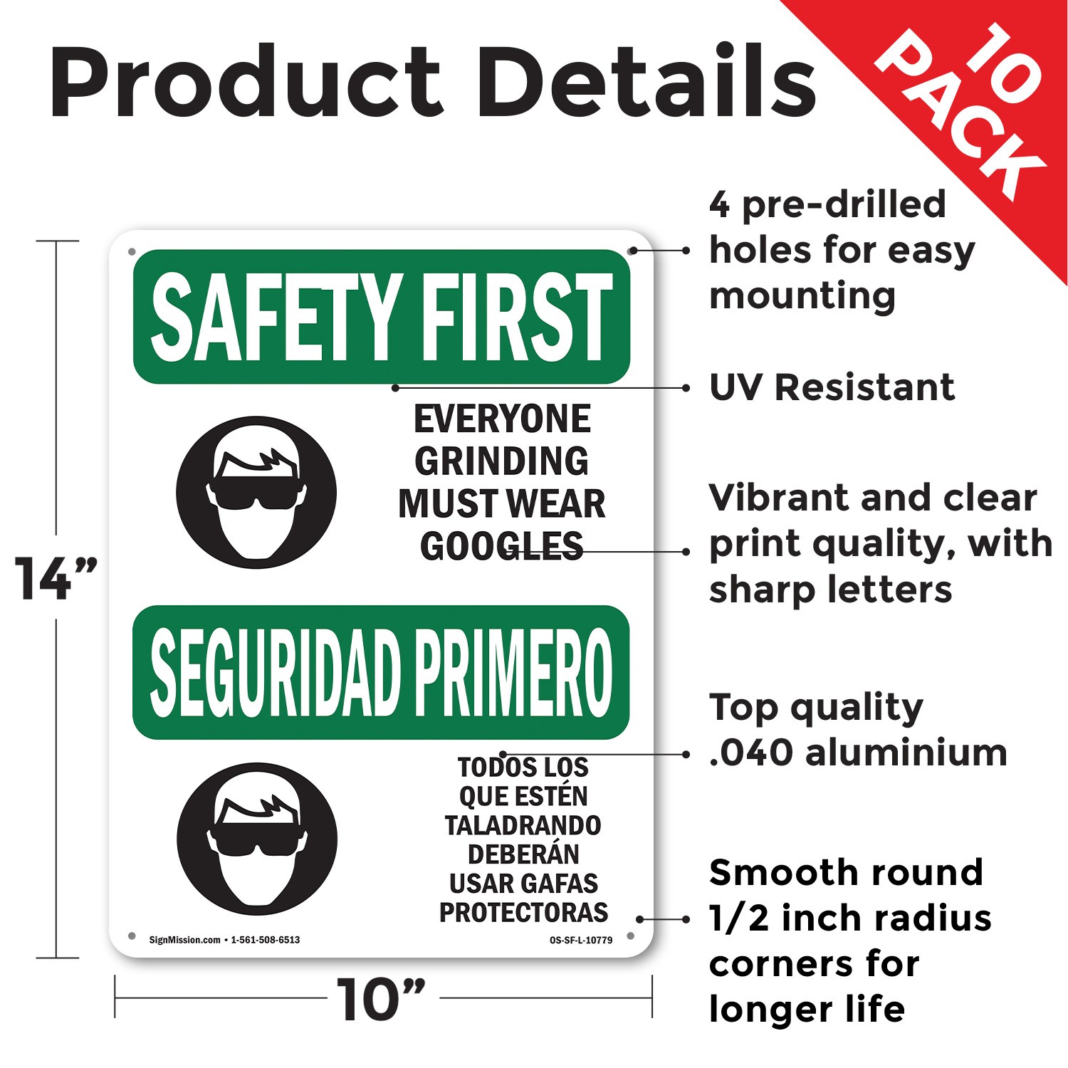 Everyone Grinding Bilingual OSHA SAFETY FIRST Sign Metal, Decal – 5 or 10 Pack