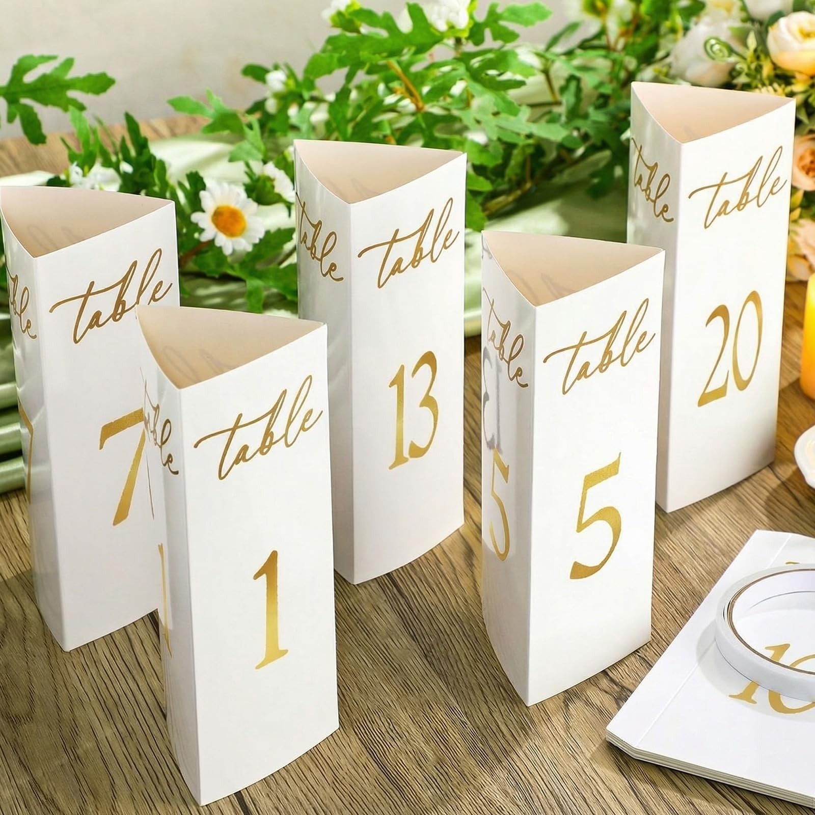 Trifold Wedding Table Numbers 120 Paper Cards Black/White Freestanding Gold