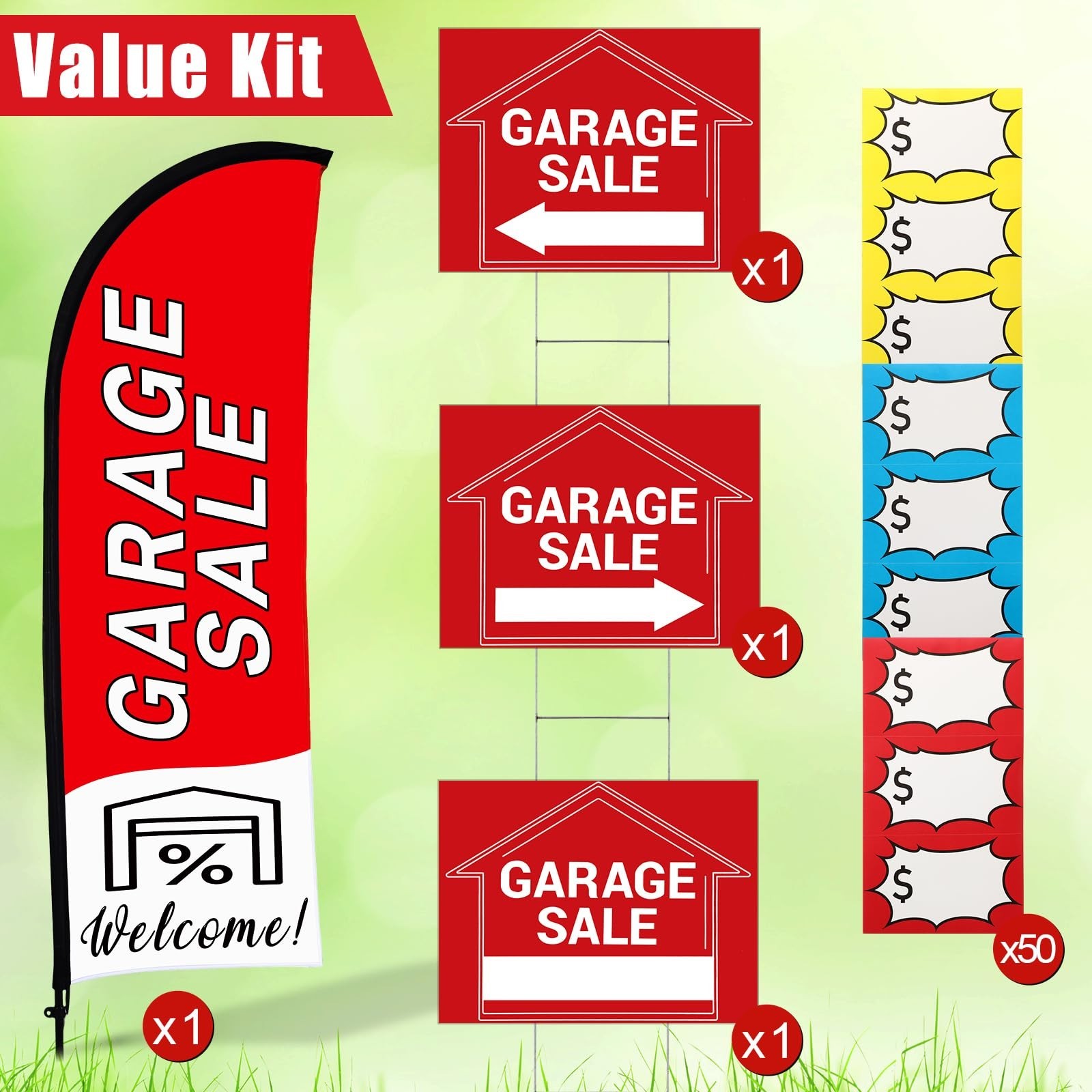 Garage Sale Signs Set with Flag & Poles, 3 Double-Sided Directional Arrows, 150