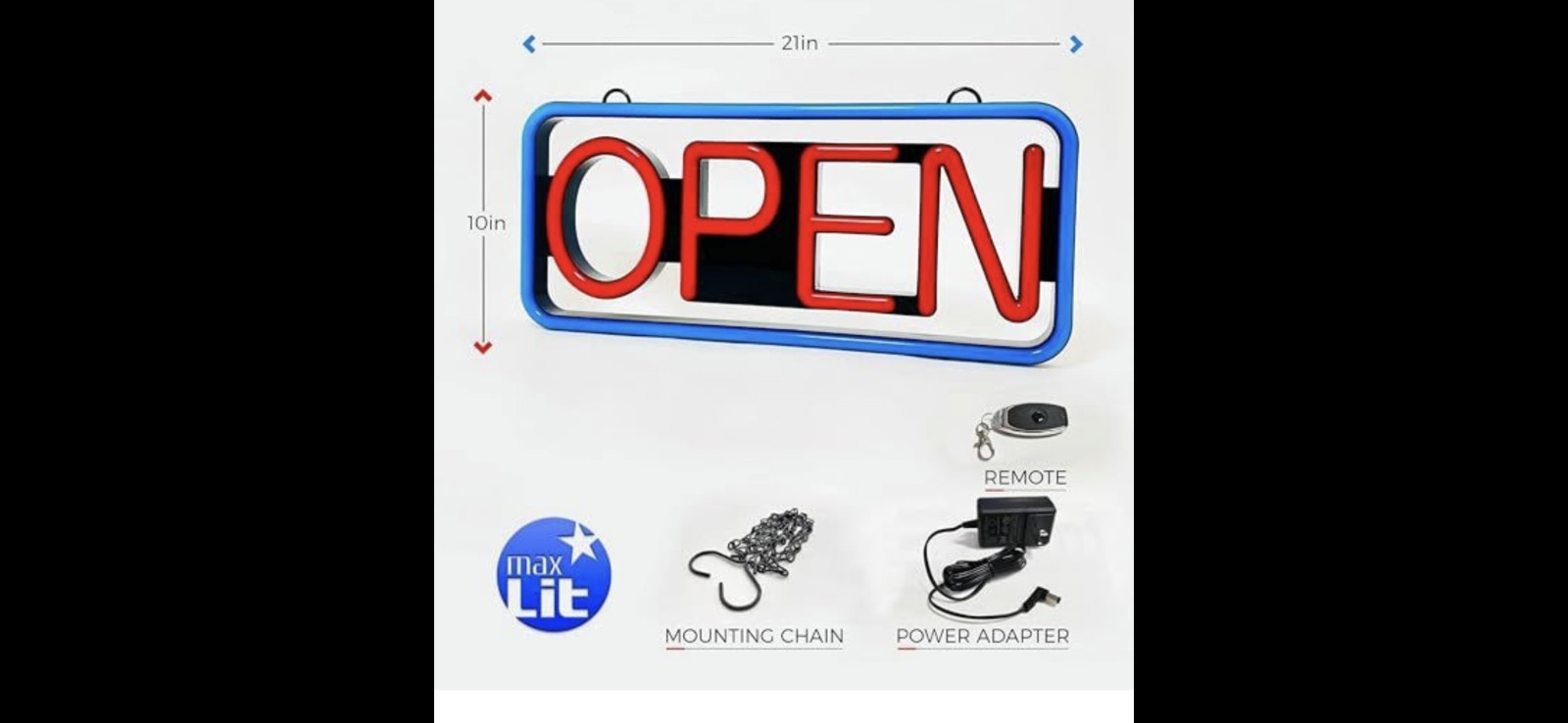 MaxLit LED Lighted Hanging « OPEN » Sign Red/Blue 21×10 Remote Hardware Chain