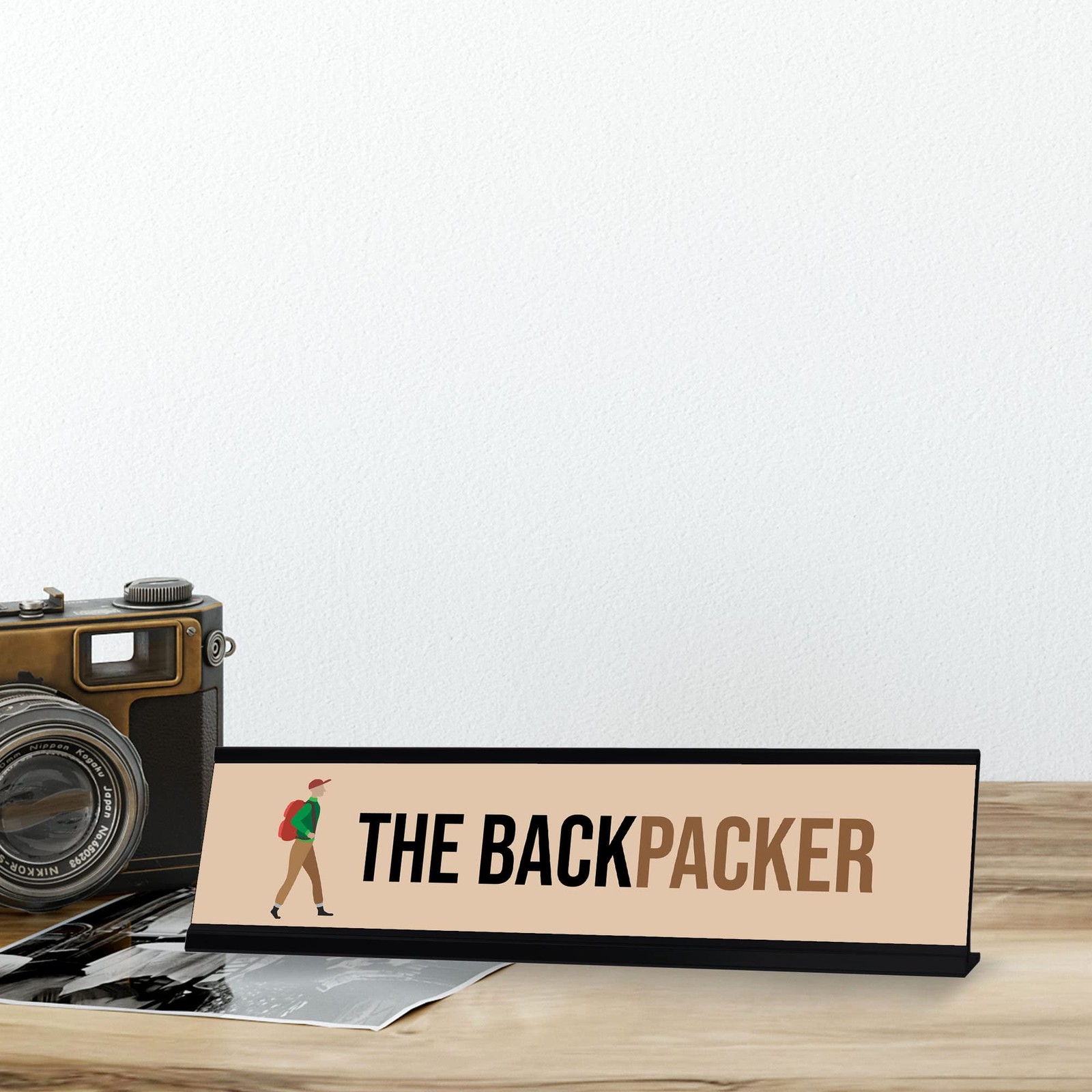 The Backpacker, Black Frame Desk Sign (2×8)