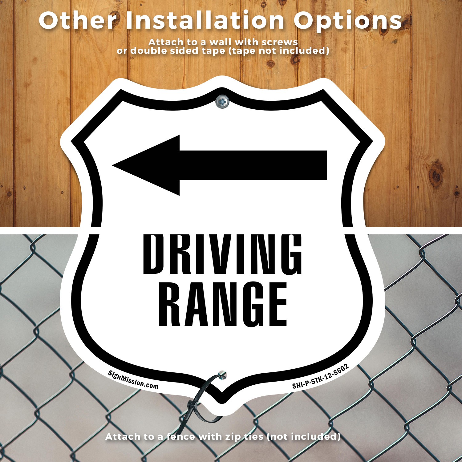 Driving Range Golf Course Left Shield Shaped Sign With Stake Weather Resistant