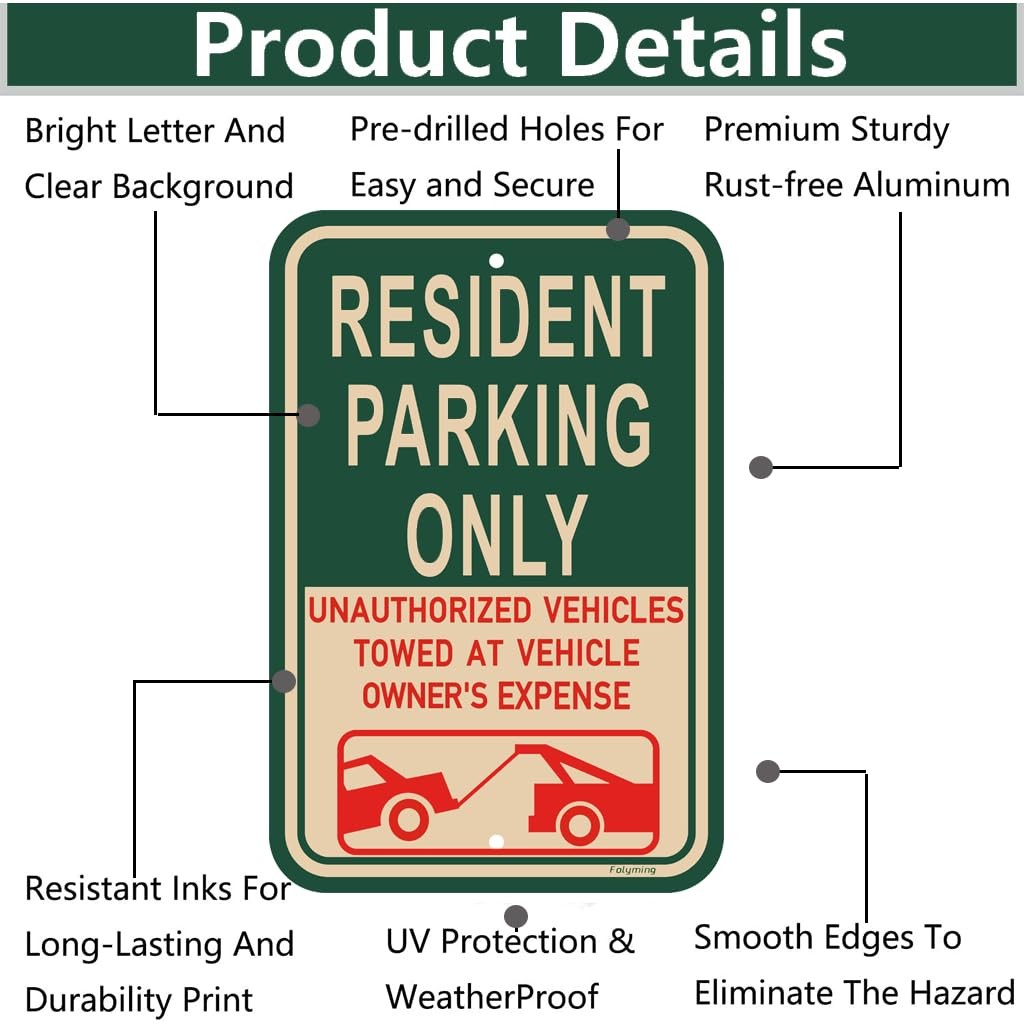 2 Pack Resident Parking Only Unauthorized Vehicles Towed Sign 18×12 Metal