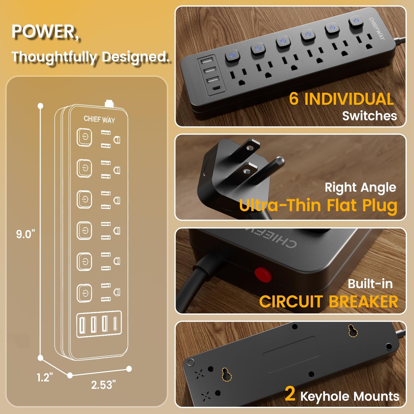 10Ft Power Strip with Individual On/Off Switches, 6 Outlets & 4 USB Ports (1 …