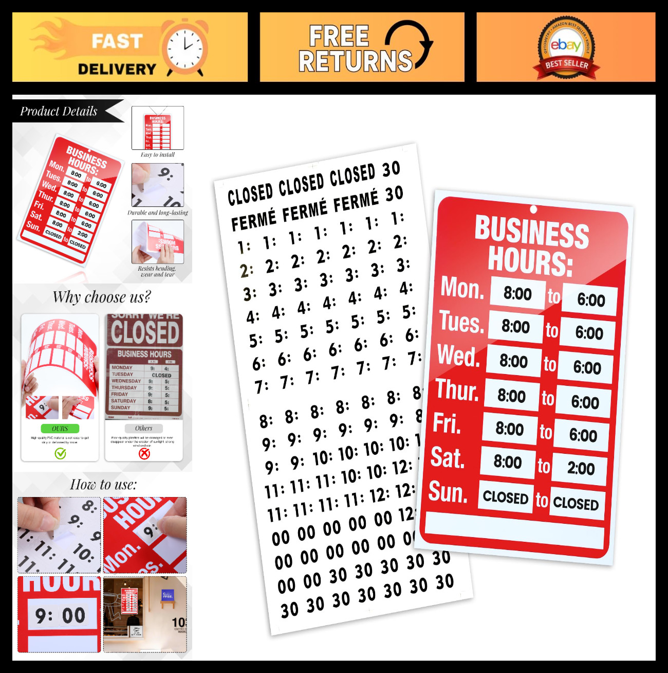 Adjustable Open Closed Business Hours Sign – 2 Pcs with Letter Number Stickers f