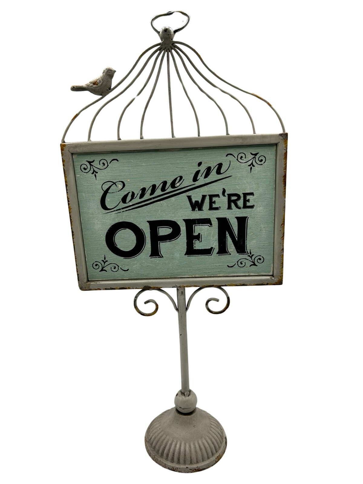 Open Closed Vintage Tabletop Heavy Metal Sign w Bird Cage Topped Retail Boutique