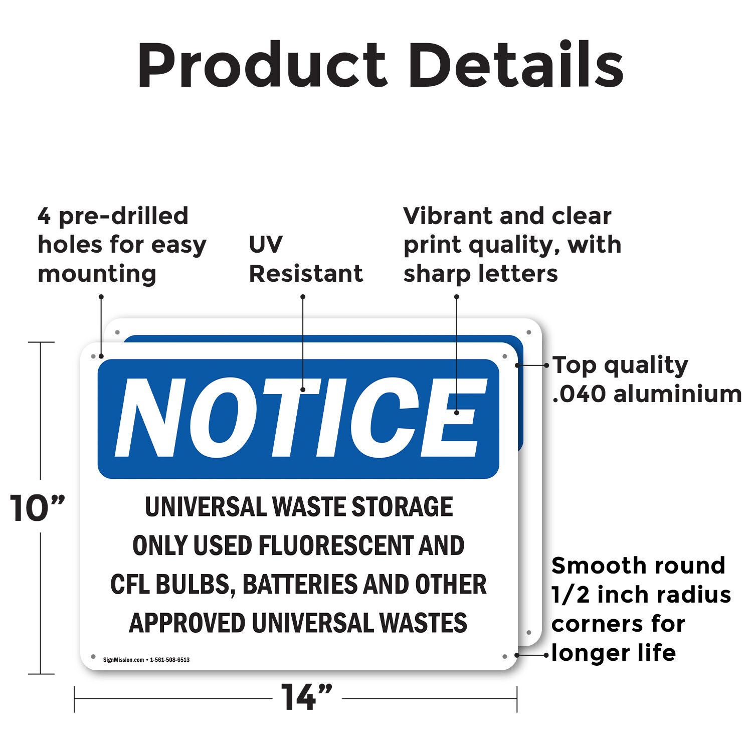 (2 Pack) Universal Waste Storage Only Used Fluorescent OSHA Notice Sign Decal