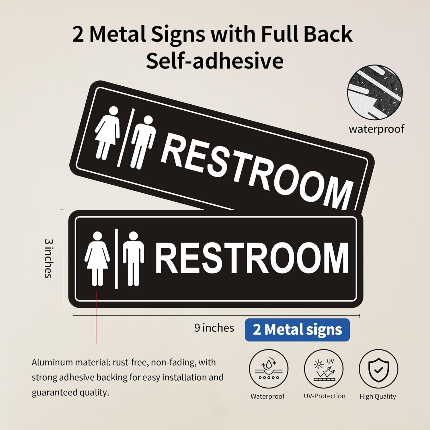 Restroom Sign – 2 Pack Metal Restroom Signs for Business with Strong Self-Adh…