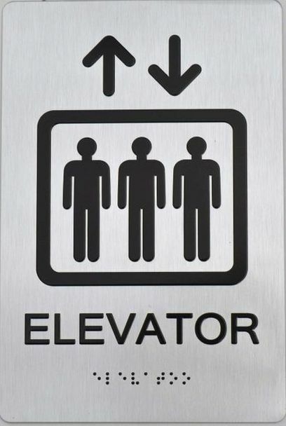 Elevator Sign With Braille and Raised Letters Aluminum, Brush Silver, Size 6×9)