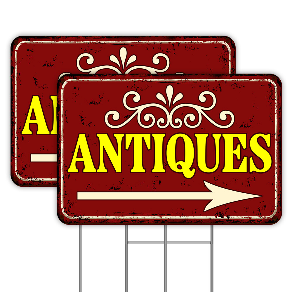 Antiques (Arrow) 2 Pack Double-Sided Yard Signs 16&Prime; x 24&Prime; with Metal Stakes (Mad