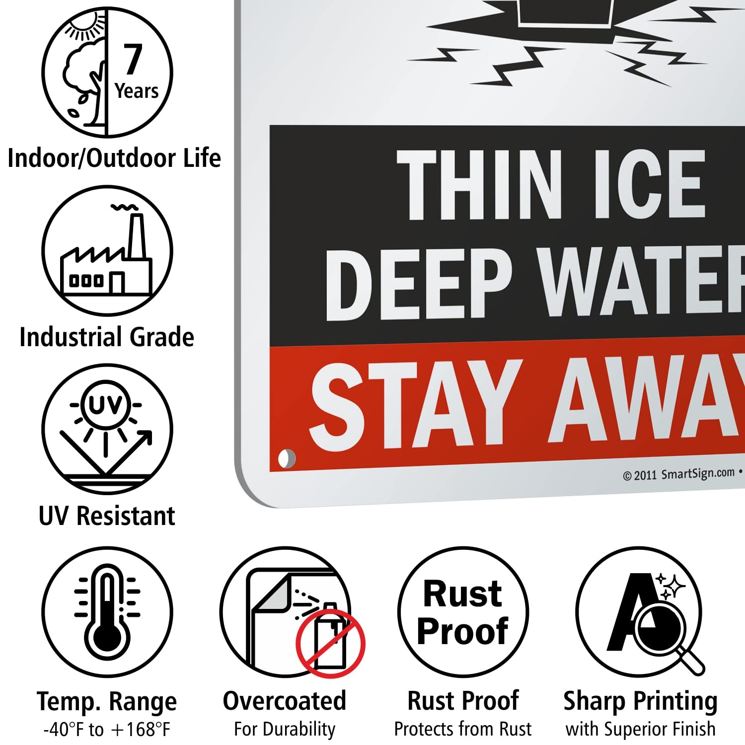Danger Thin Ice Deep Water Stay Away Sign 10×7 Durable Aluminum Safety Sign