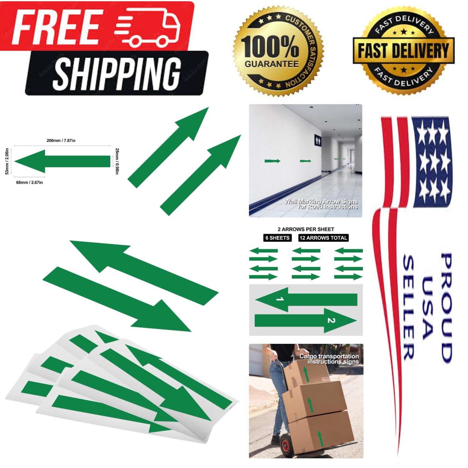 12 Pack Waterproof Green Arrow Floor Stickers – 8×2 Inch Removable Decals