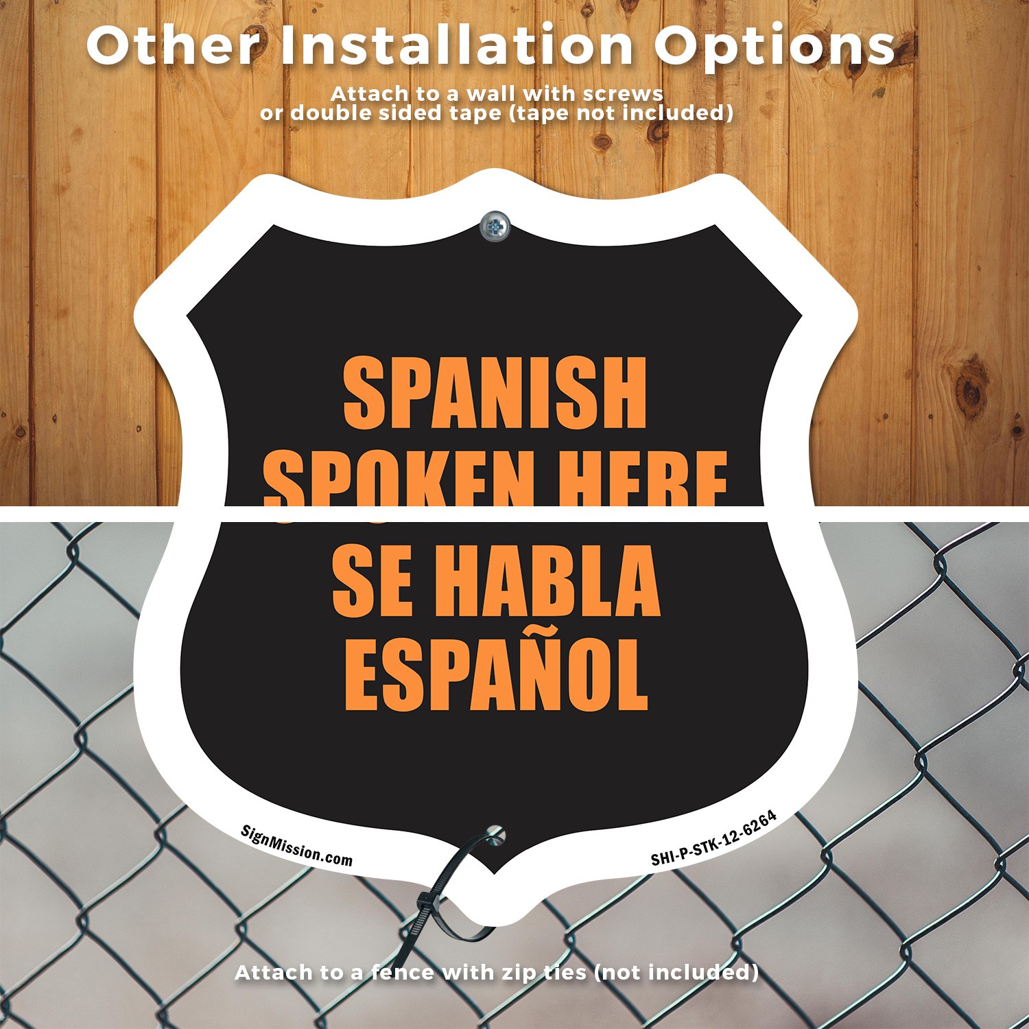 Spanish Spoken Here Bilingual English / Spanish Weather Shield Sign With Stake