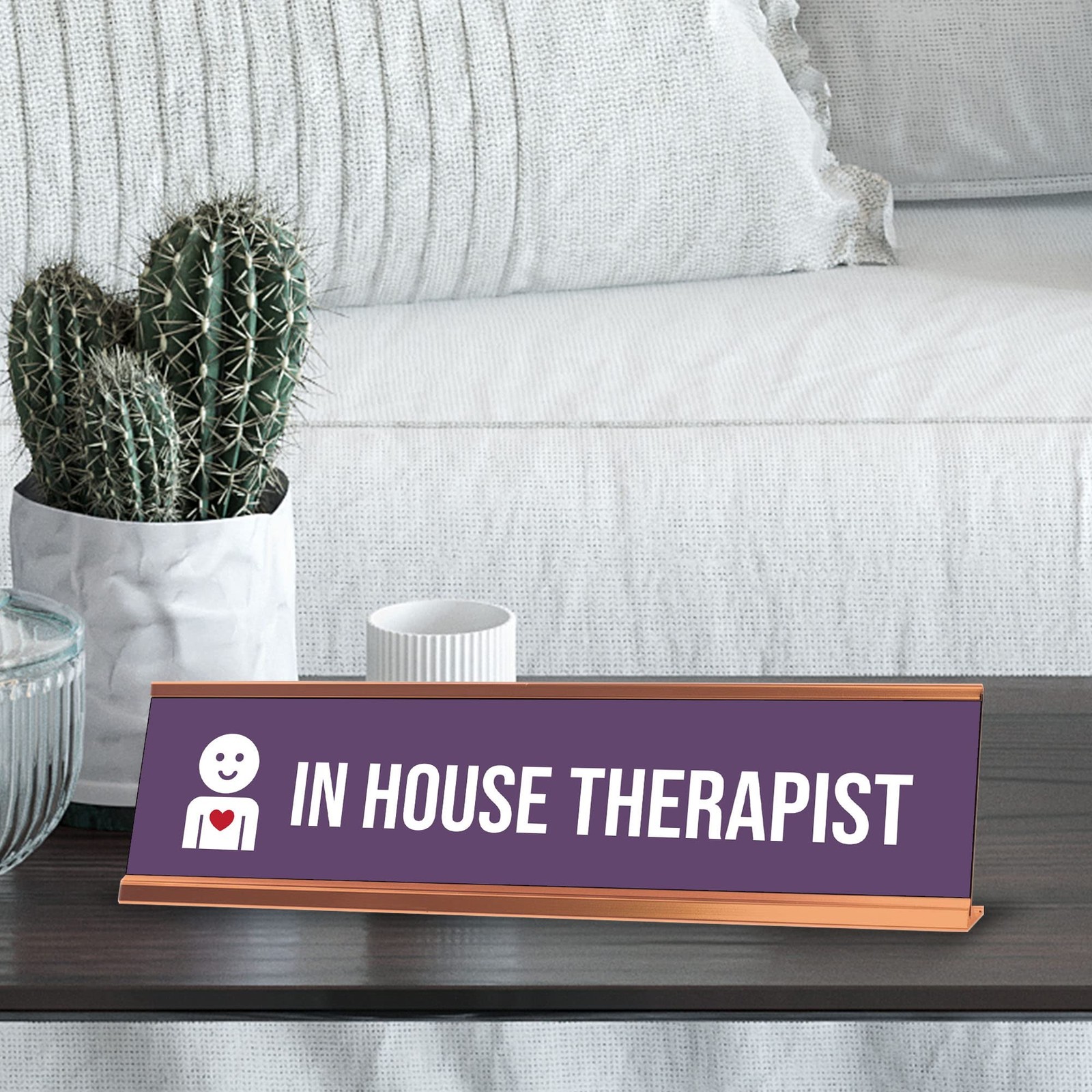 In House Therapist, Purple Rose Gold Frame, Desk Sign (2 x 8&Prime;)