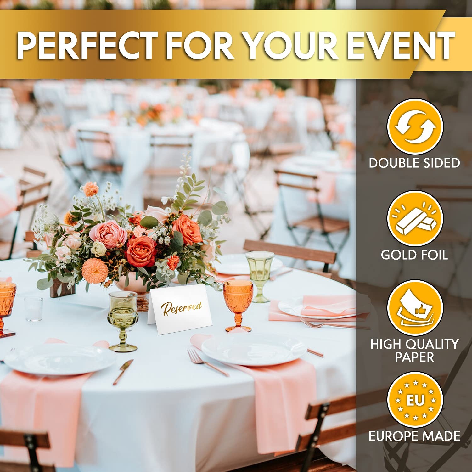10 Pack White Reserved Seating Signs with Golden Letters 3×4 Cardstock Reserved
