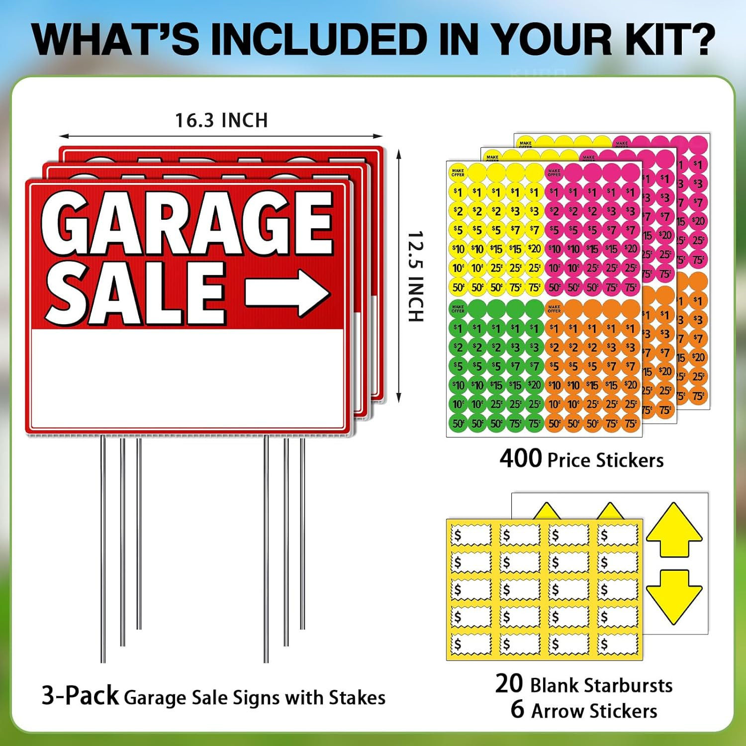 Garage Sale Signs with Stakes (3 Pack Kit) – Double Sided Yard Sale Signs with H