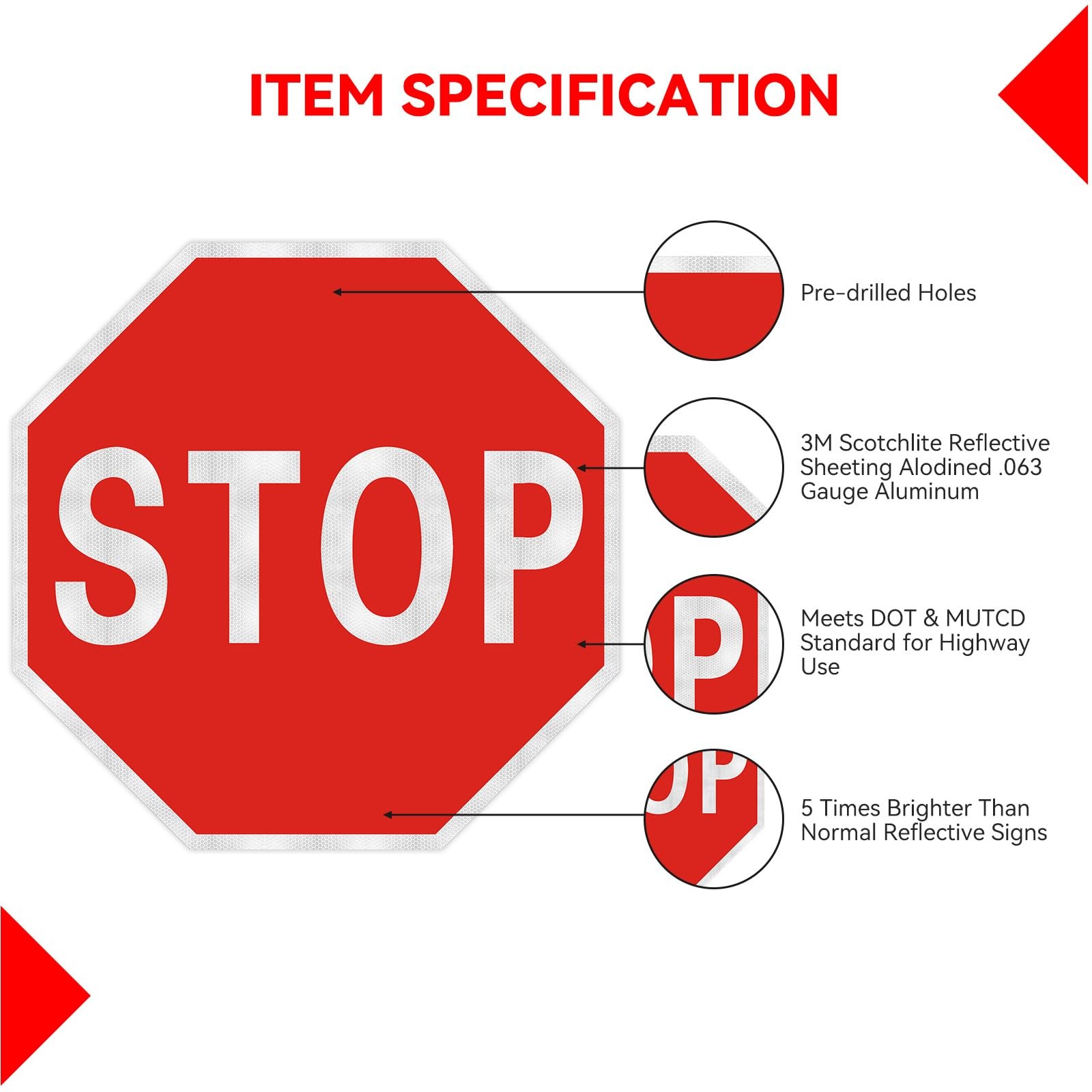 Stop Sign, 12 X 12 Inch Octagonal High Strength Aluminum Reflective Panel, Water