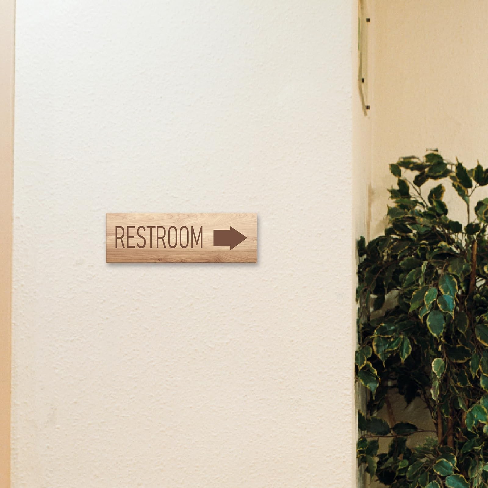 9×3 inch Wood Graining Acrylic Restroom Sign with Right Arrow Self-Stick