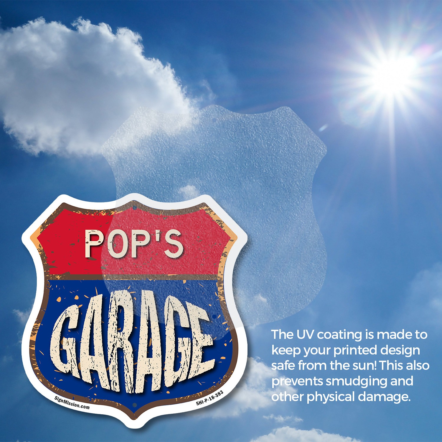Pop&rsquo;s Garage Shield Shaped Sign Weather Resistant Crafted in the USA