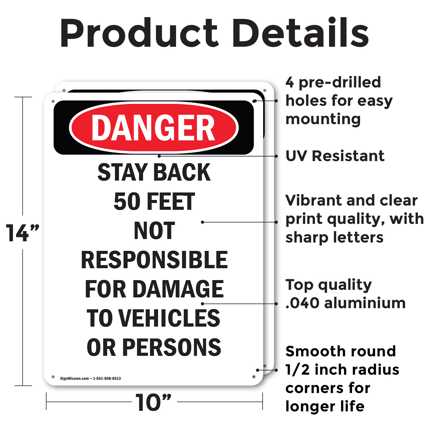 (2 Pack) Stay Back 50 Feet Not Responsible OSHA Danger Sign Decal Metal Plastic