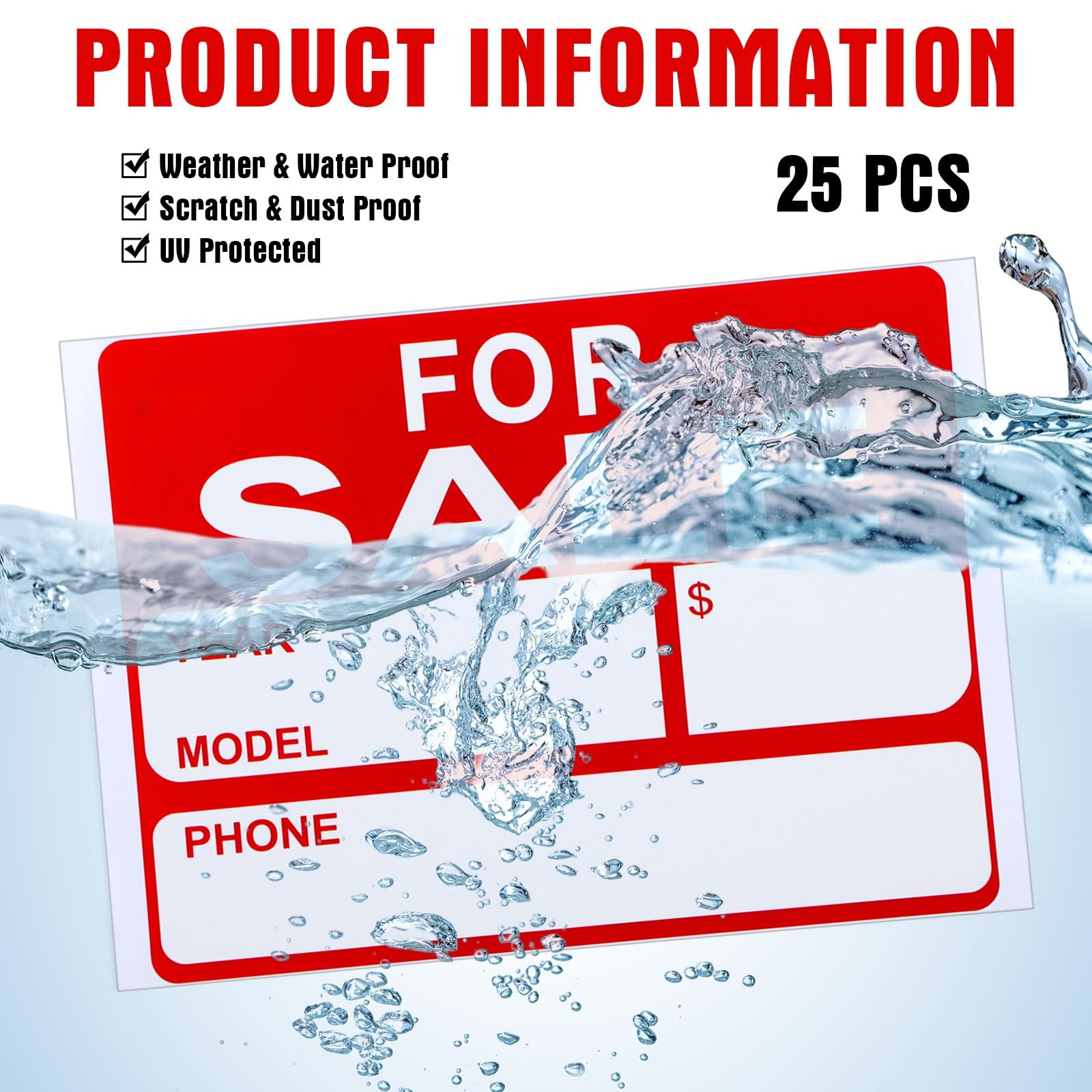 25 Pcs for Sale Signs for Car 9 x 12 Inches Sale Signs Vehicle, Houses Sales Wat