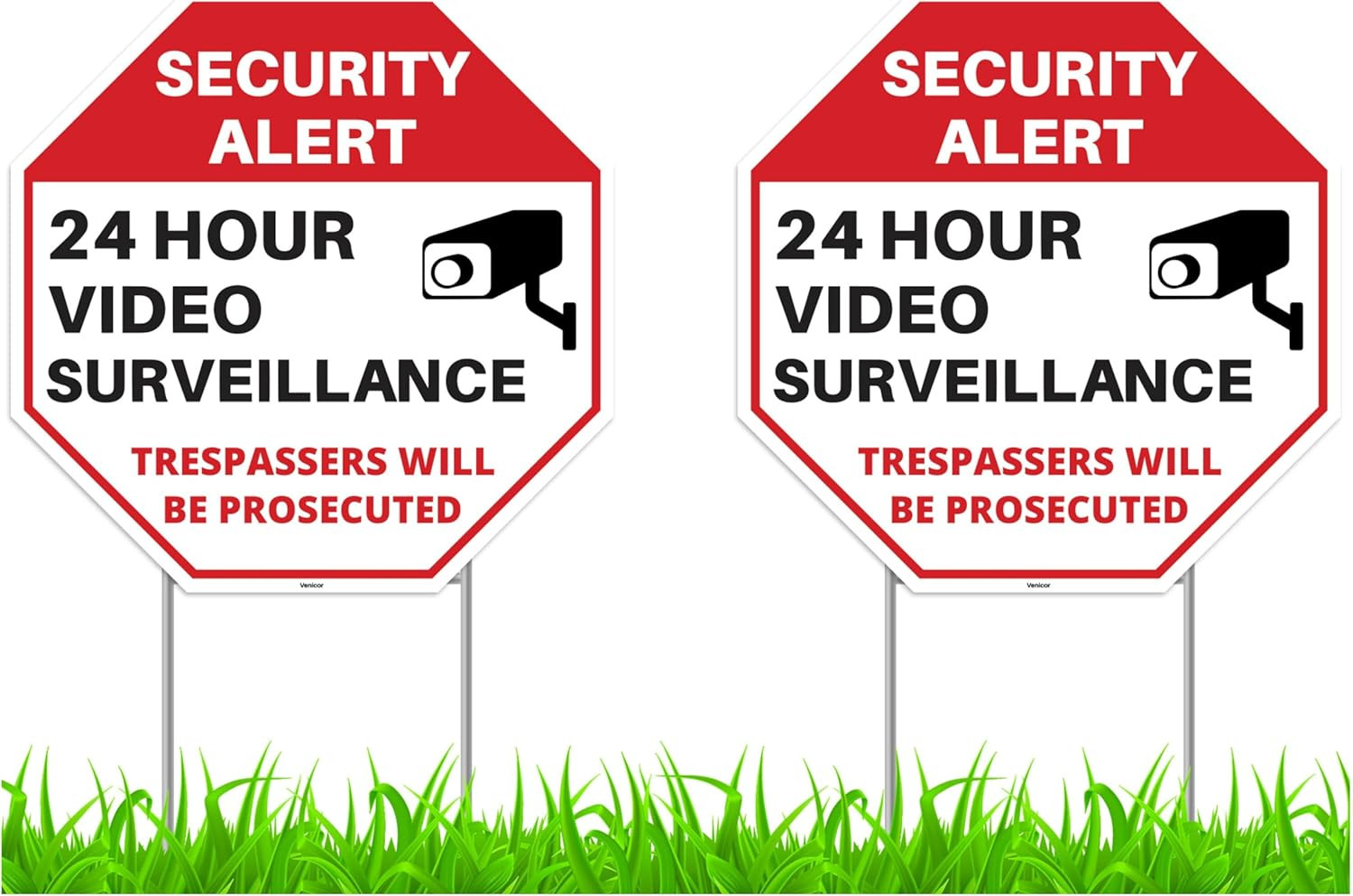 2PC 24 Hour Video Surveillance Sign with Stakes, 12&Prime;X12&Prime; – Corrugated Plastic –