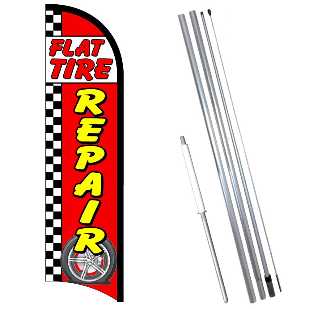 Flat Tire Repair Premium Windless Feather Flag Bundle (Complete Kit) OR Optiona