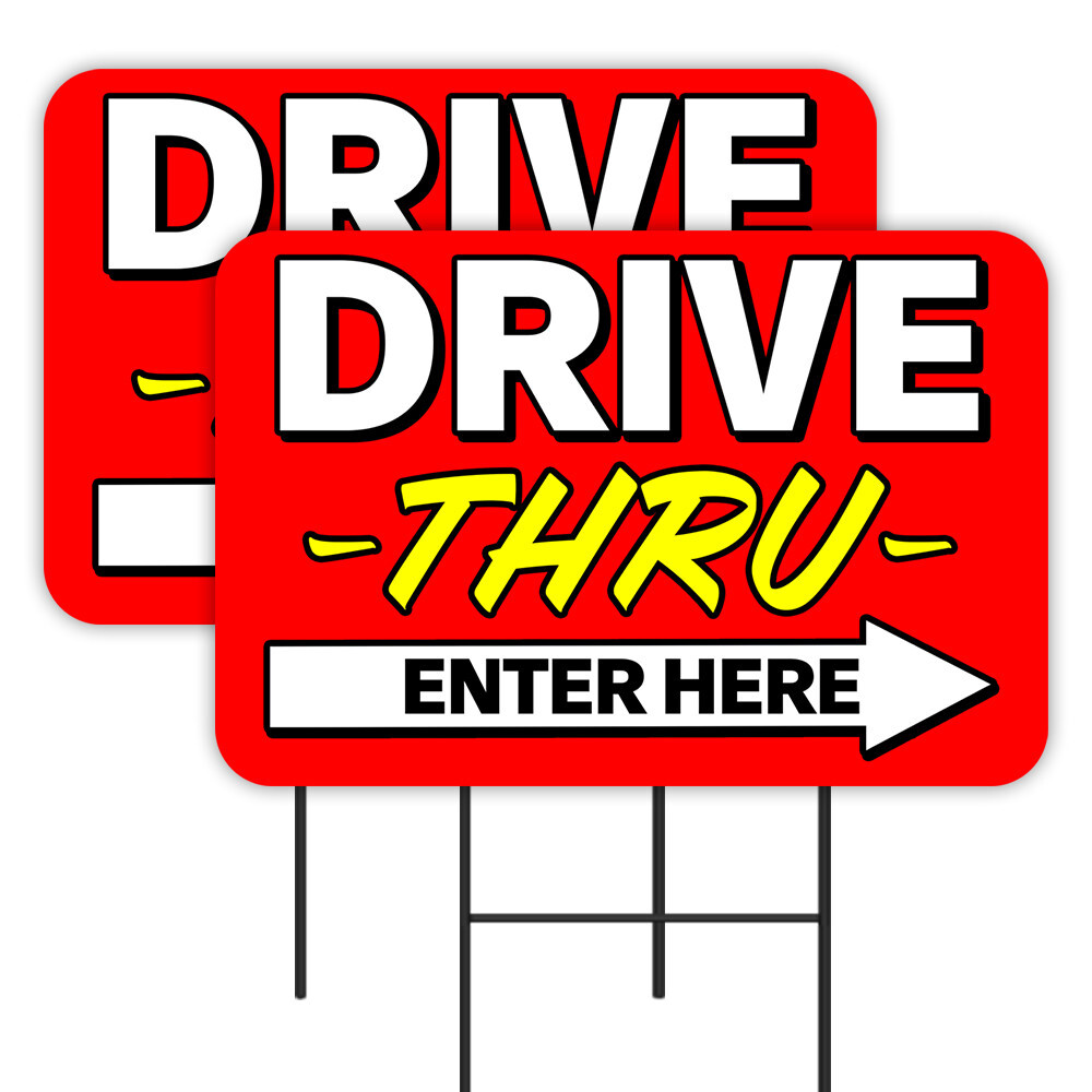 Drive Thru 2 Pack Double-Sided Yard Signs 16&Prime; x 24&Prime; with Metal Stakes (Made in T