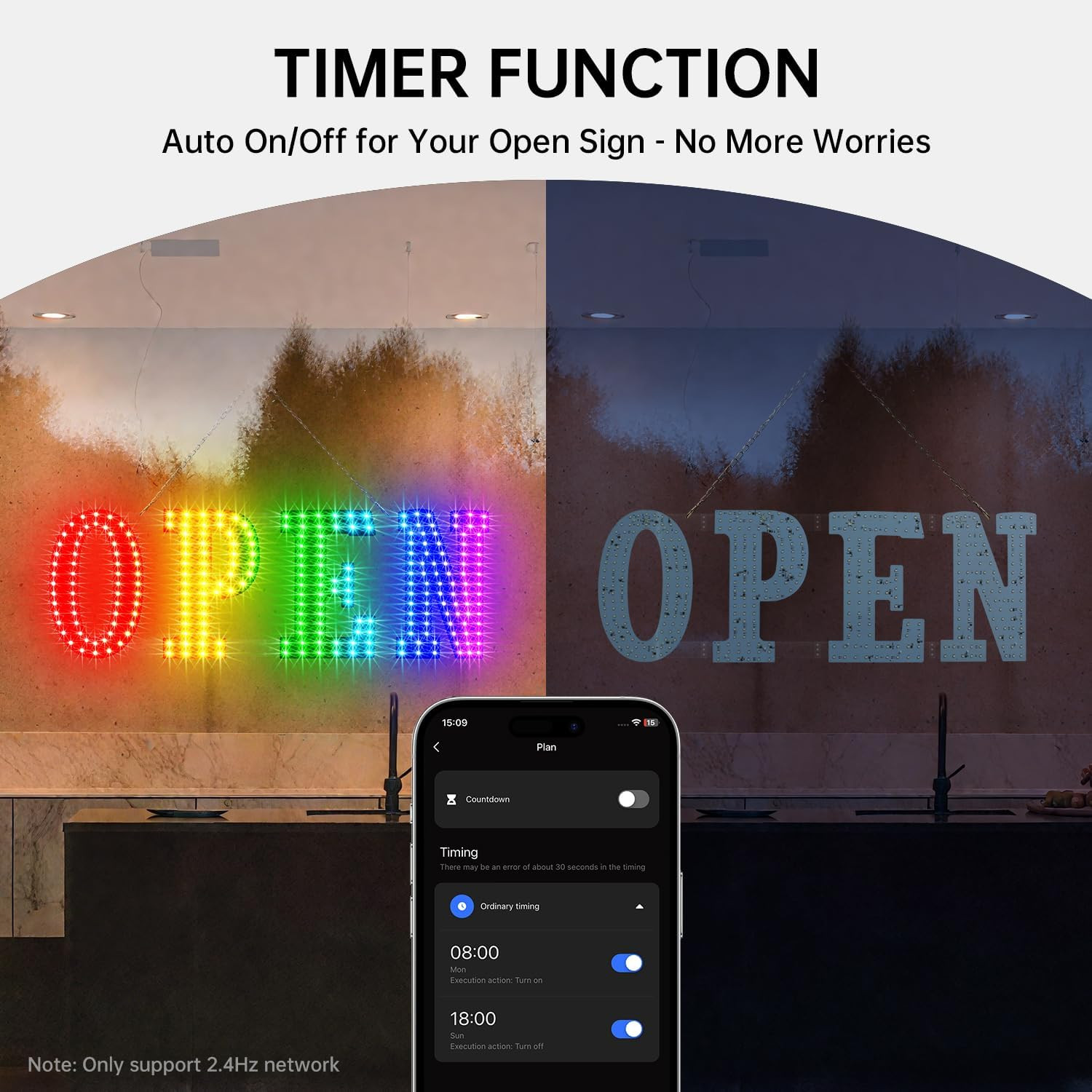 OPEN Sign for Business, 30&Prime; X 10&Prime; LED Open Sign with 16 Million Colors, APP