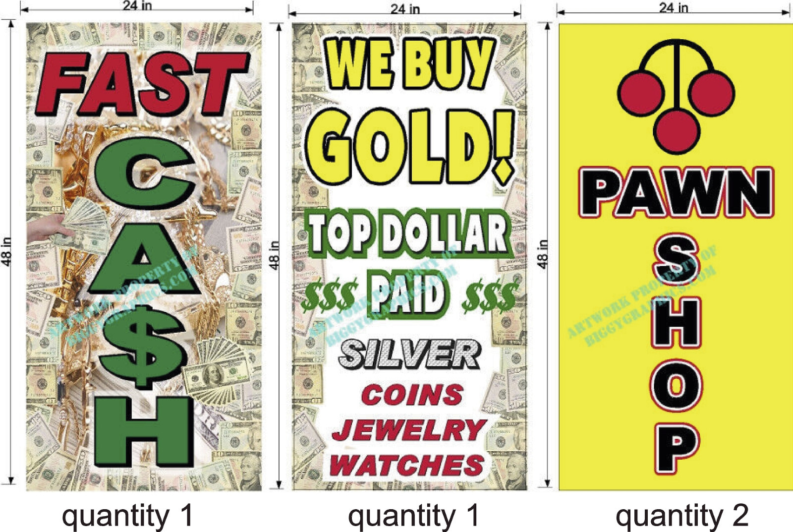 PERFORATED WINDOW DECAL PAWN SHOP CASH FOR GOLD LOT OF 4 2&prime; X 4&prime; VERTICAL