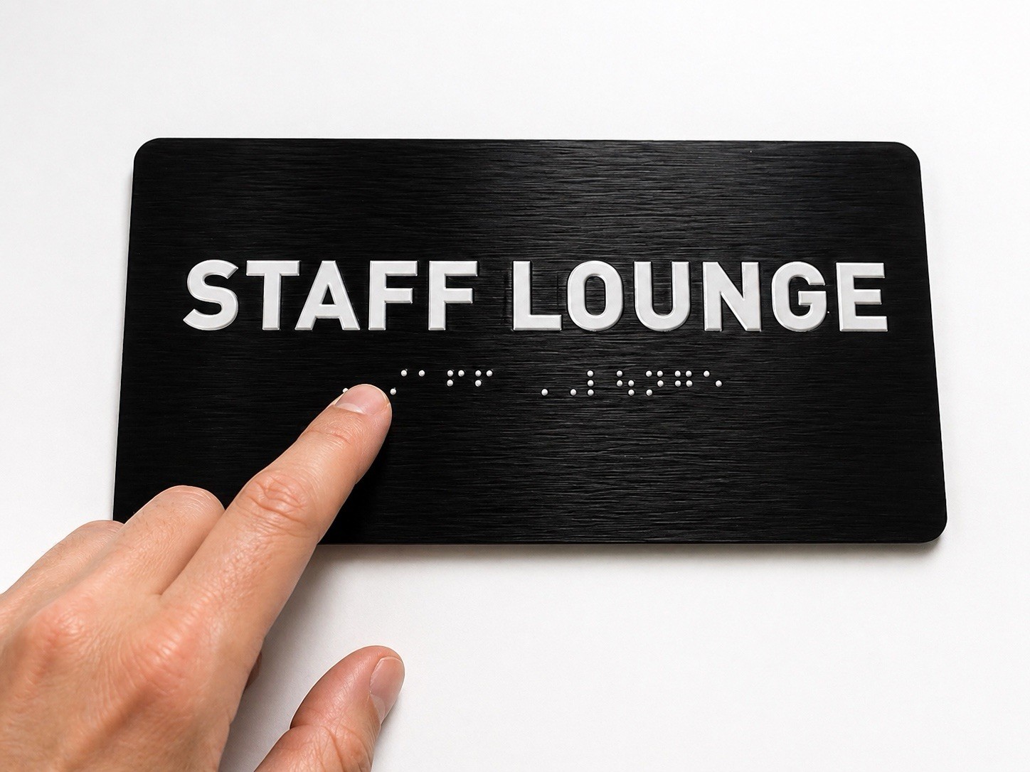 ADA Staff Lounge Sign 7×4 Braille Tactile Door Sign Black Brushed Aluminum