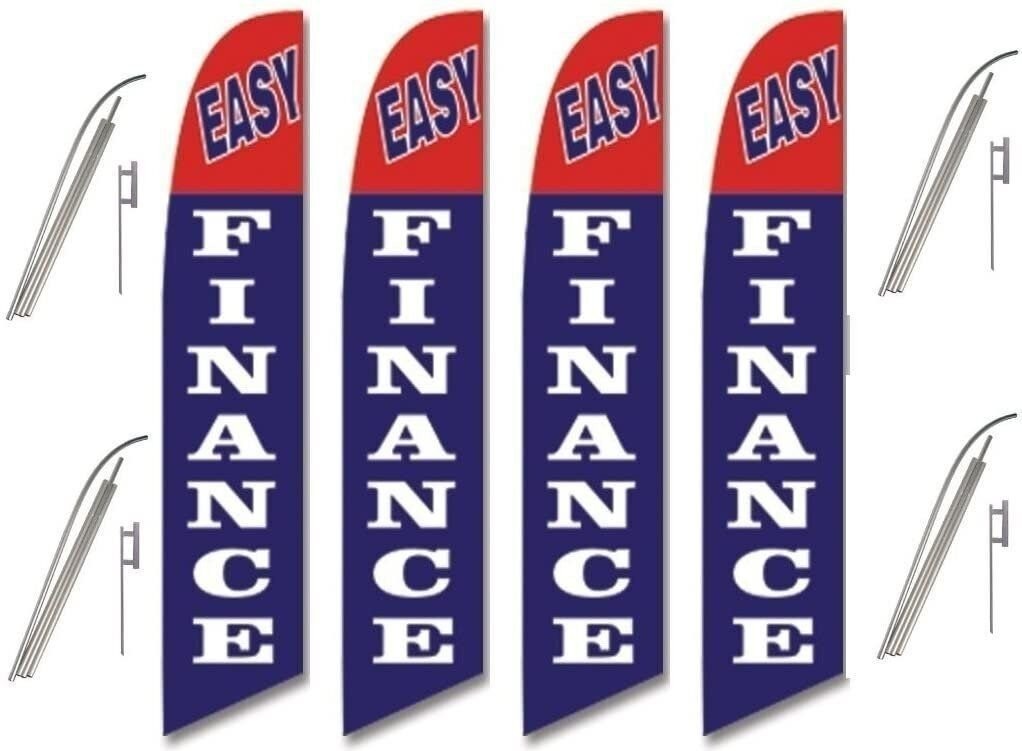 Four Full Sleeve Swooper Flags w/ Poles & Spikes EASY FINANCE Blue Red White