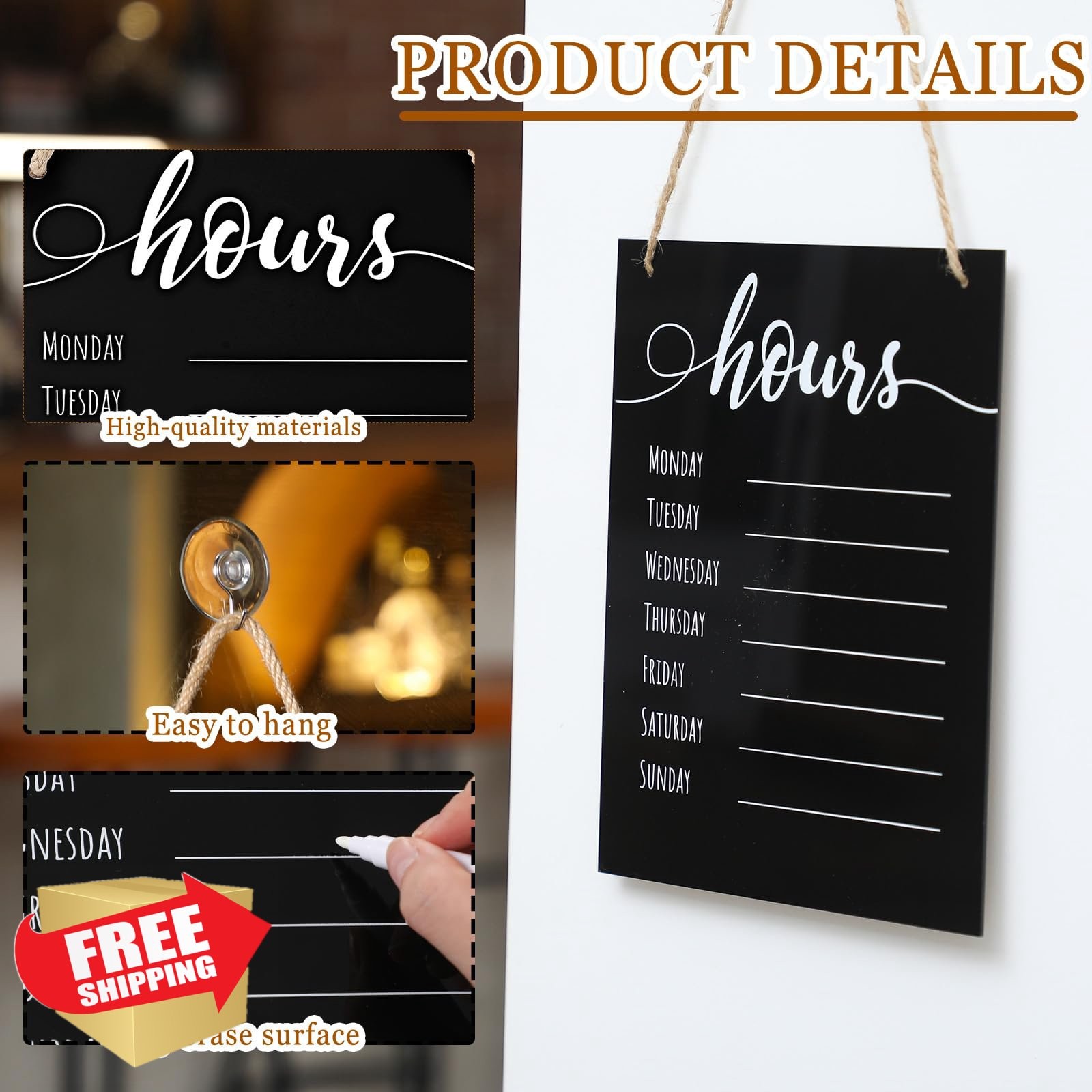 Threehoney 3pc 8×10&Prime; Dry Erase Store Hours Sign Set Black