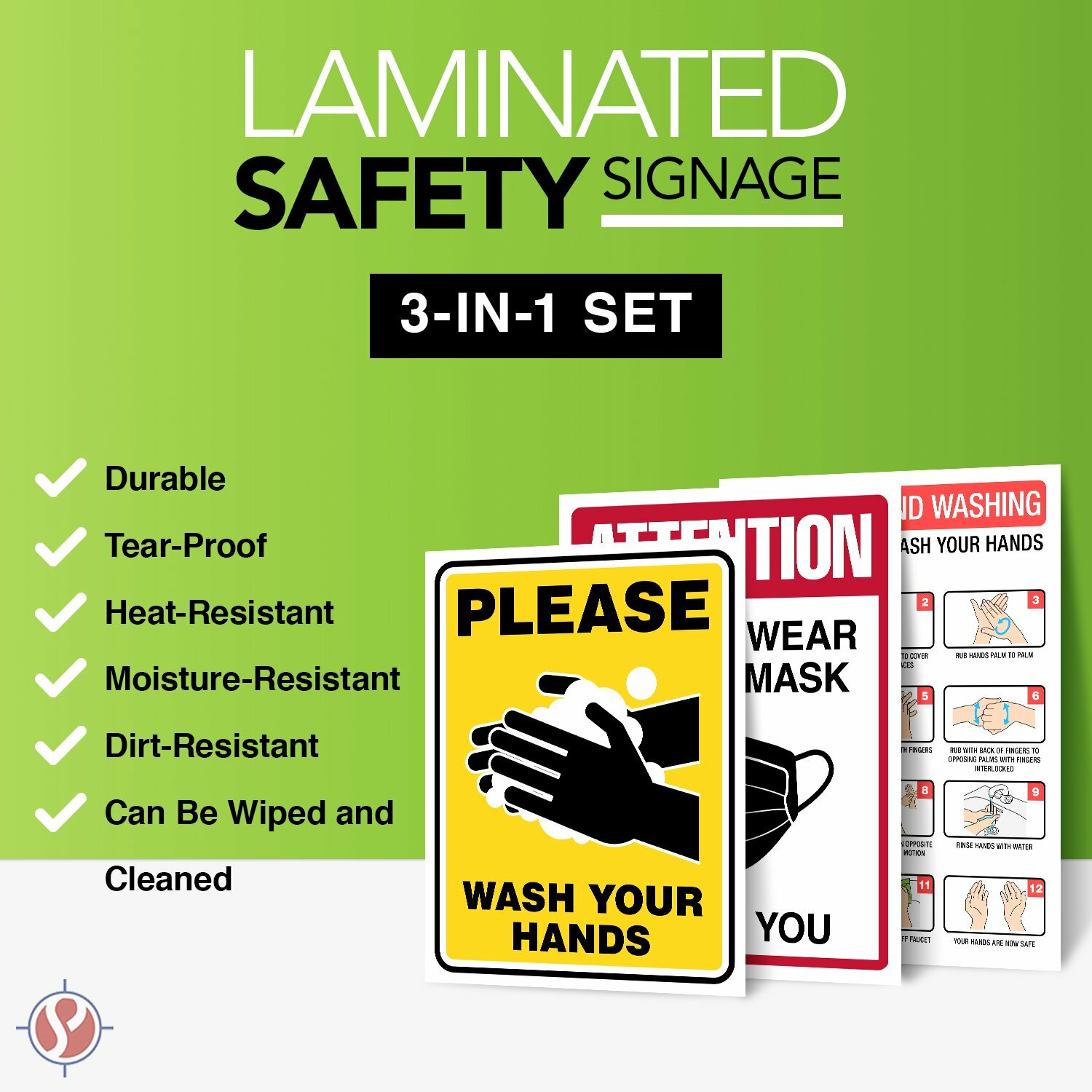 3-in-1 Laminated Safety Sign Set – Tear-Proof Moisture and Heat Resistant