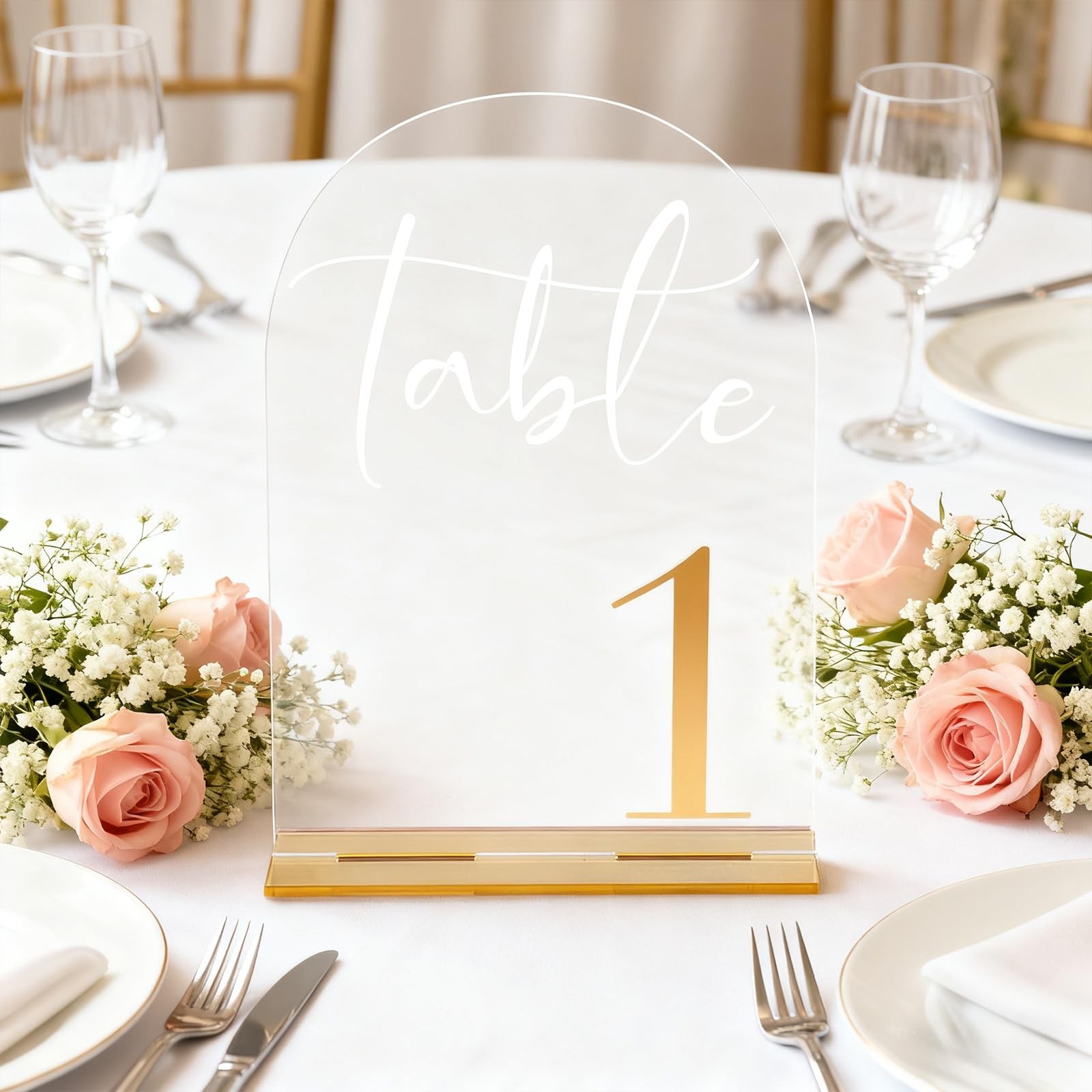 5×7 Inch Clear Arch Acrylic Wedding Table Numbers 120 Gold Font & Stands