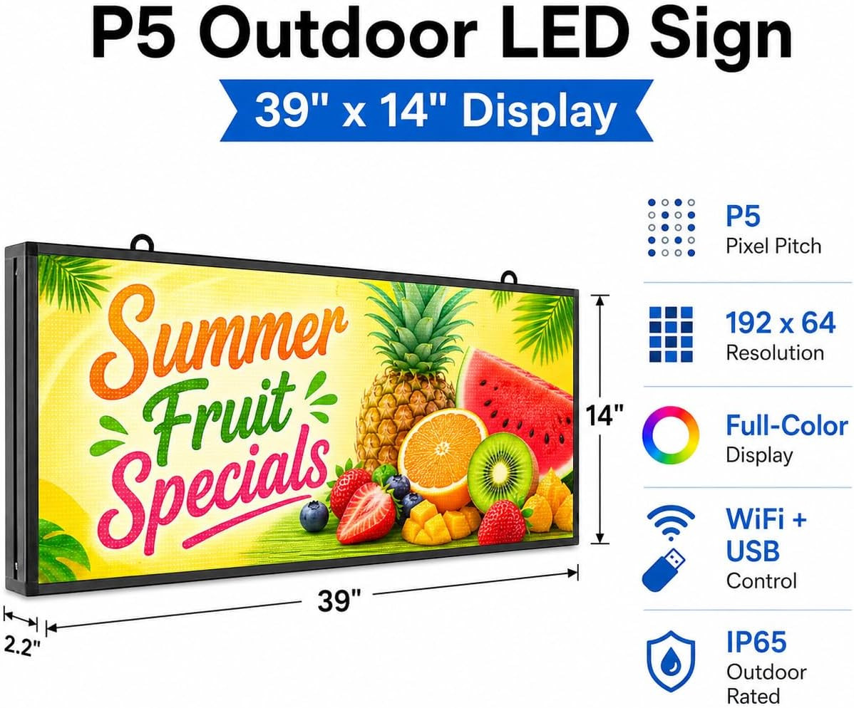 P5 Outdoor LED Sign 39&Prime; X 14&Prime;, Wifi & USB Programmable Full-Color Message Board,