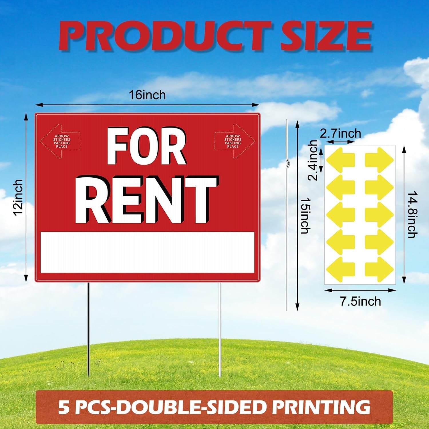 5 Pack 12 x 16 Inch for Rent Sign with Stand Double Sided Yard Sign Stands Co…