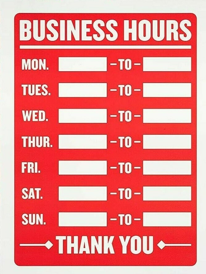 Business Hours Sign 8 x 12 Inch – 2 Count, White and Red