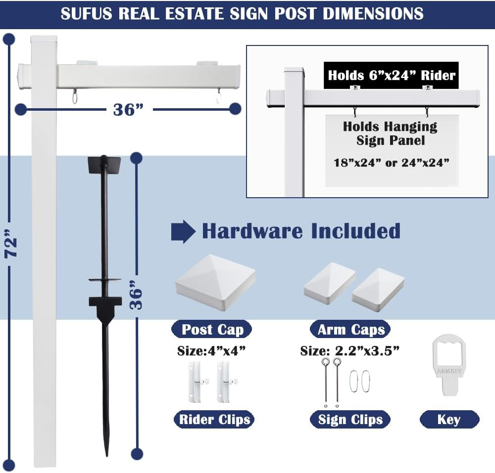 Vinyl PVC Real Estate Sign Post 6&prime; Tall (4&Prime;X 4&Prime;X 72&Prime;), Realtor Yard Sign Post wi