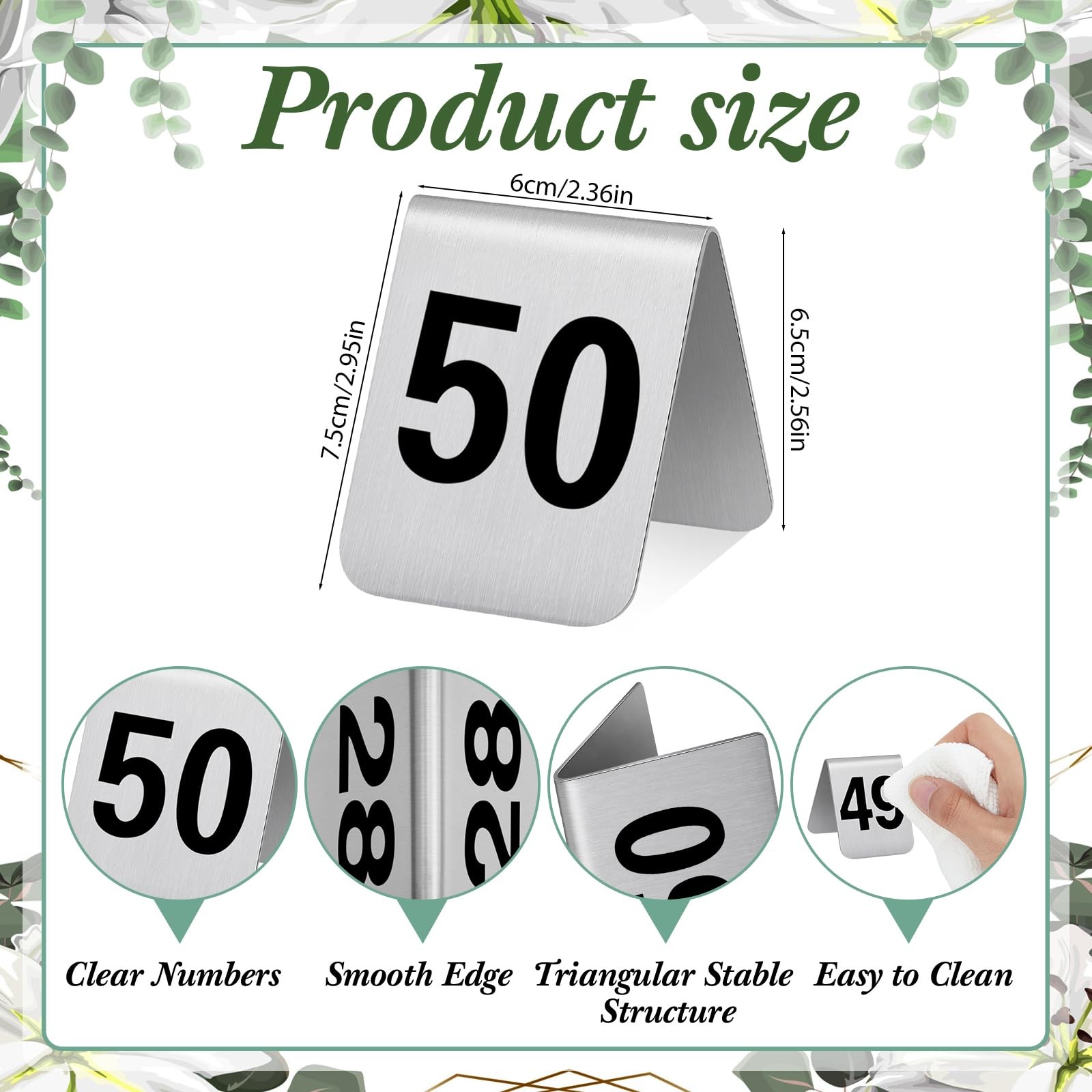 50 Pcs Stainless Steel Table Numbers 1-50 Tent Style 3.0 x 2.4 Inch Double Si…