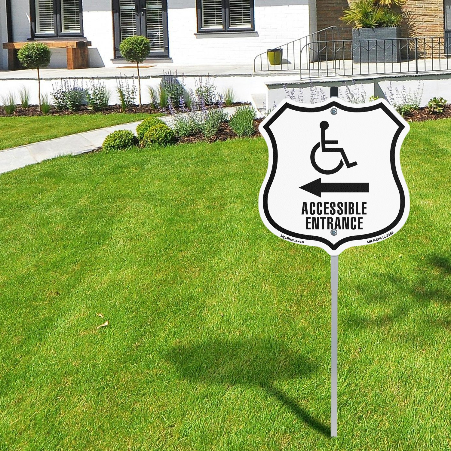 Accessible Entrance Handicap Left Shield Shaped Sign With Stake Weather Proof